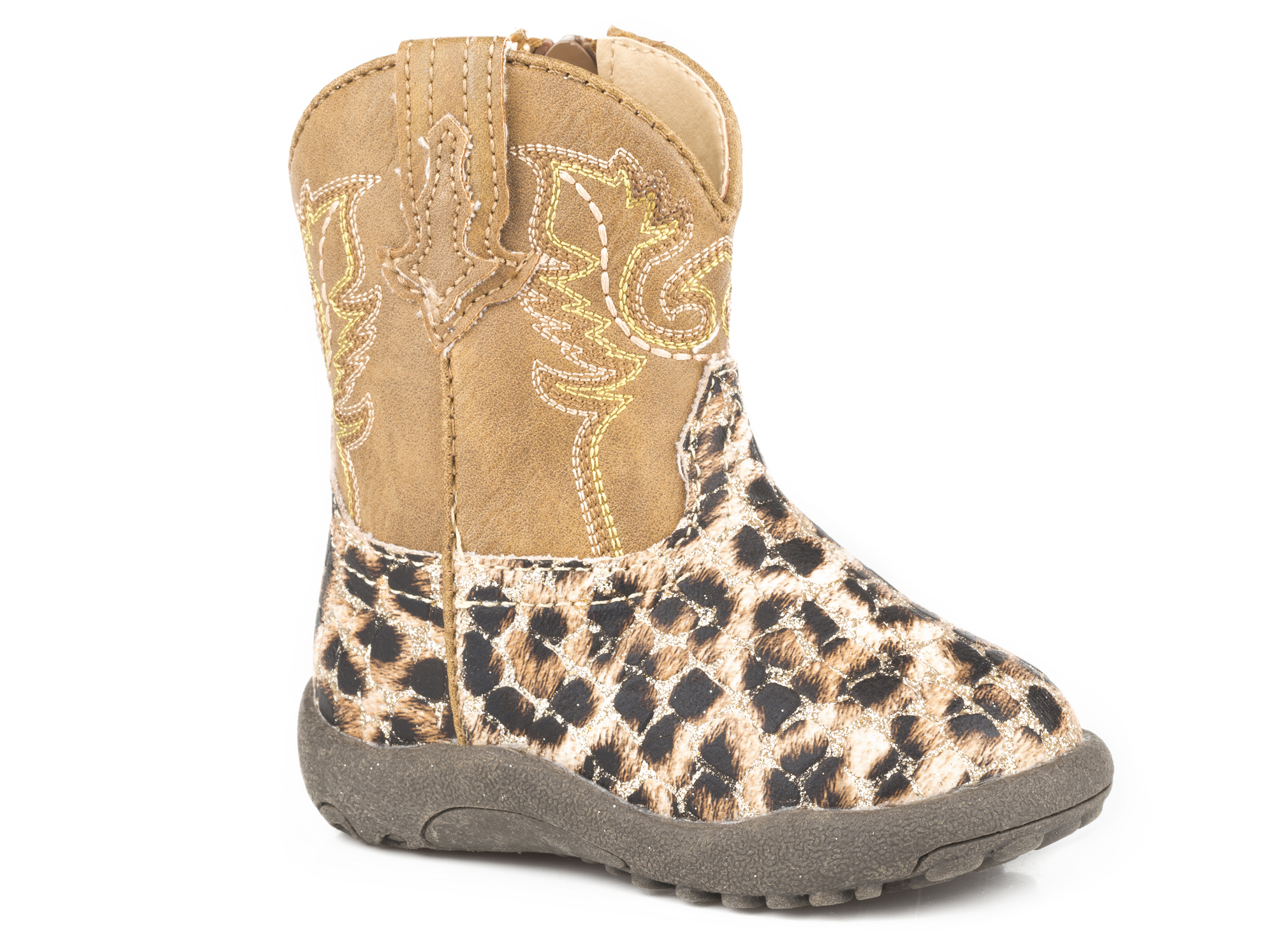 Cowbabies Glitter Leopard Infants Tan Shaft With Leopard Print Vamp