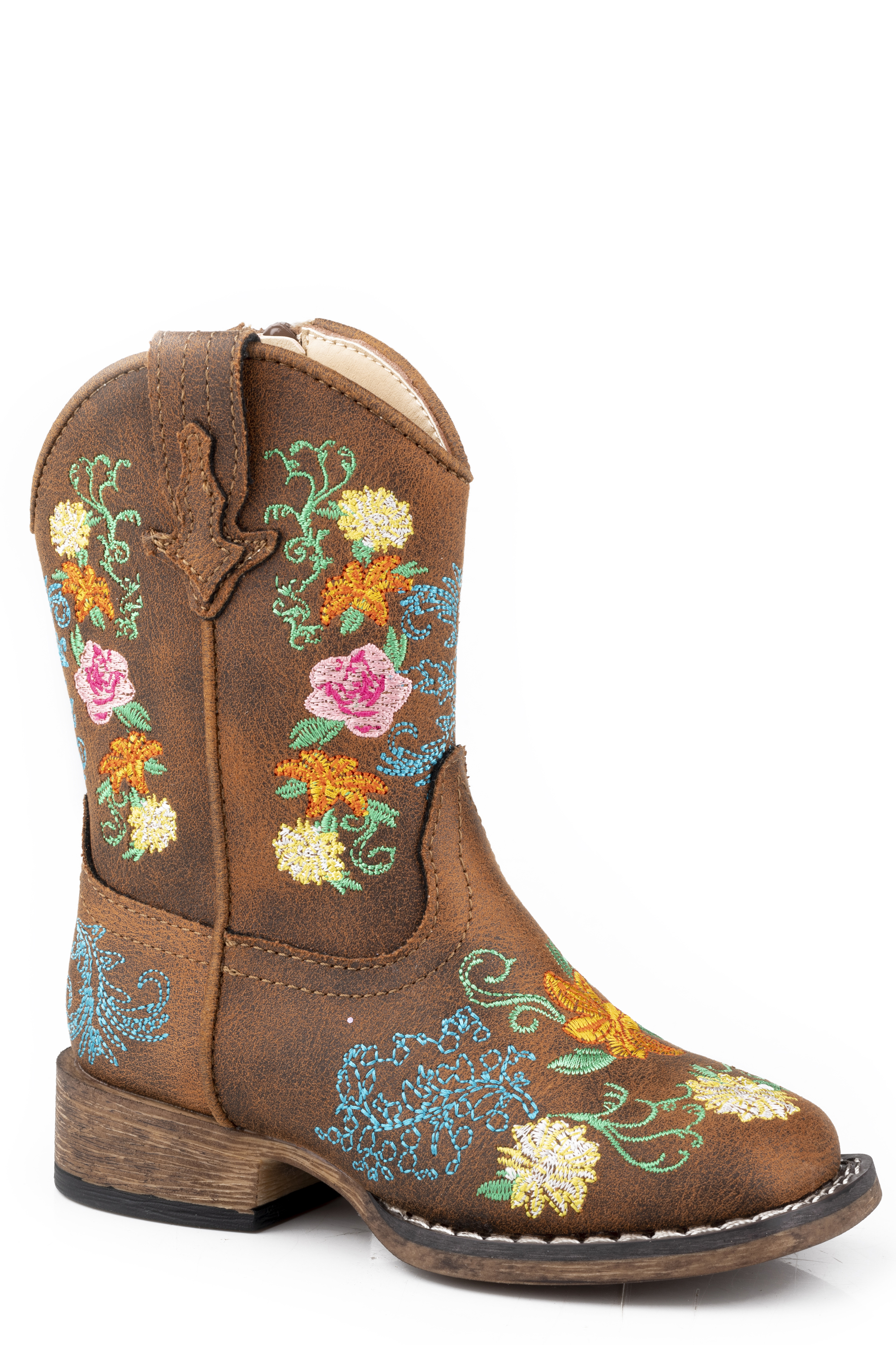 Bailey Floral Toddlers Tan Cognac Faux Leather Square Toe