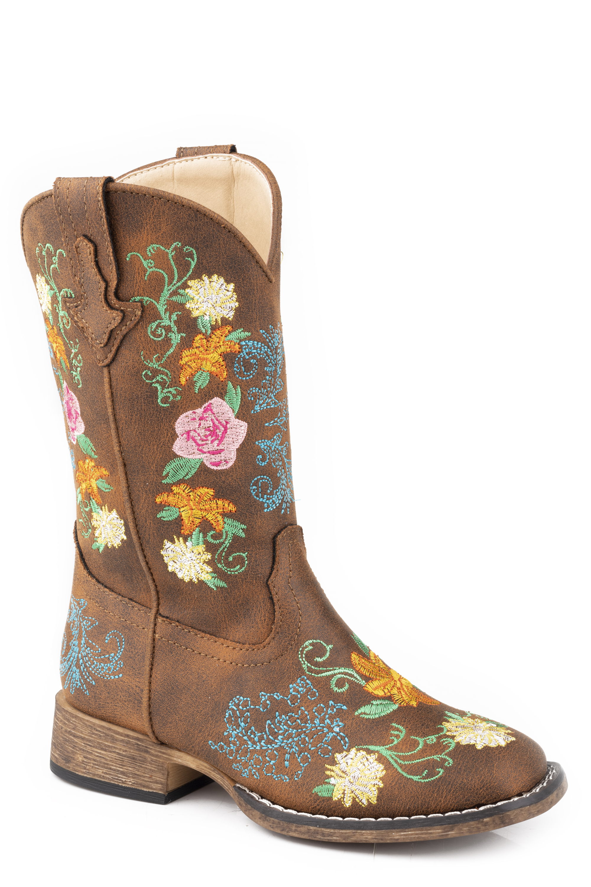 Bailey Floral Little Kids Tan Cognac Faux Leather Square Toe