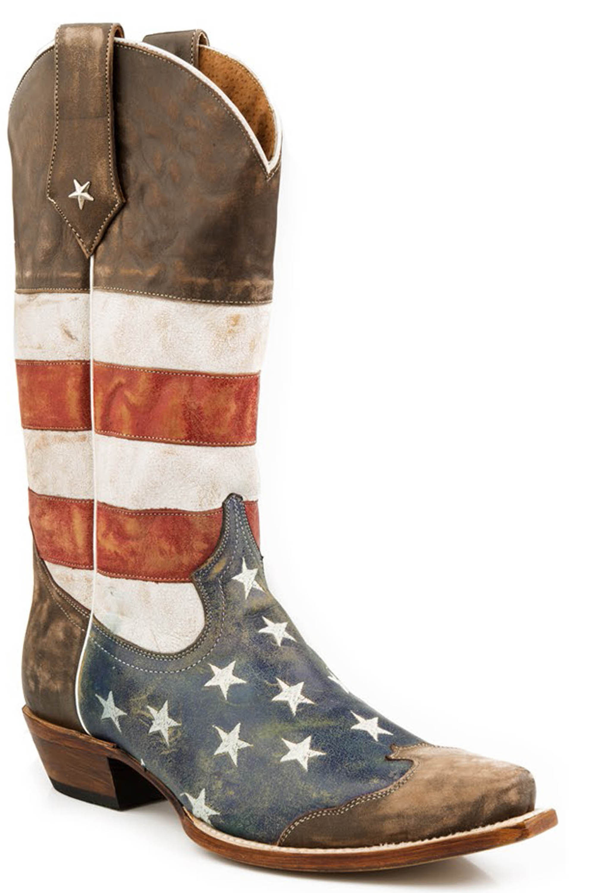 American West Mens Brown/blue American Flag – Snip Toe Brown Toe Cap