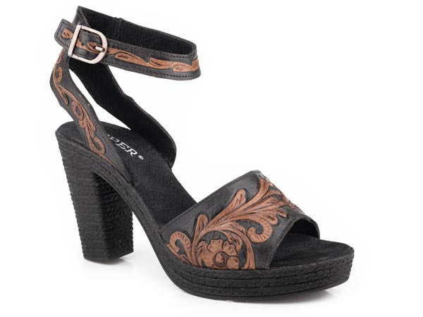 High Tide Womens Black And Brown Tooled Sandal