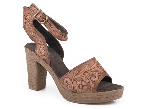 High Tide Womens Two Tone Tan Tooled Sandal