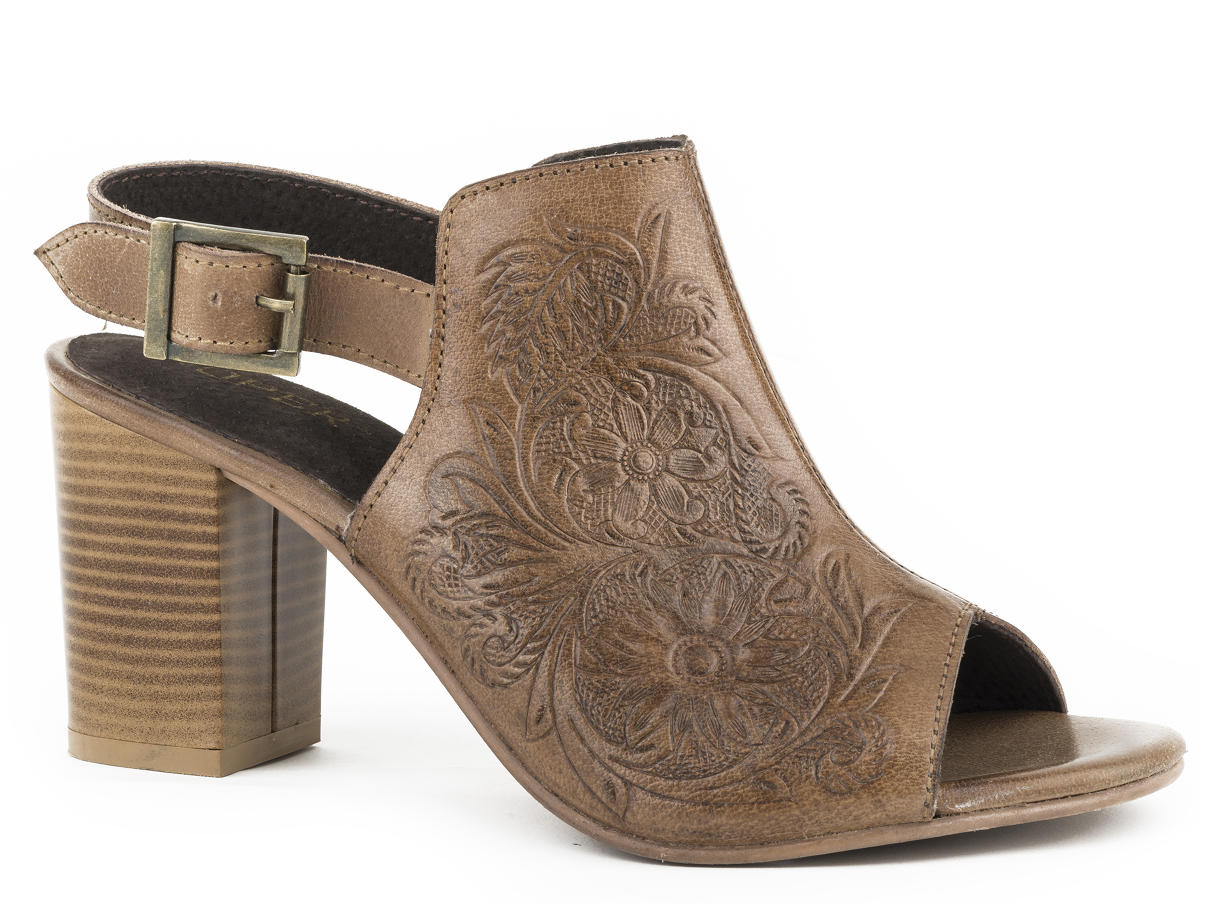 Mika Womens Tan Beige Floral Hand Tooled Leather