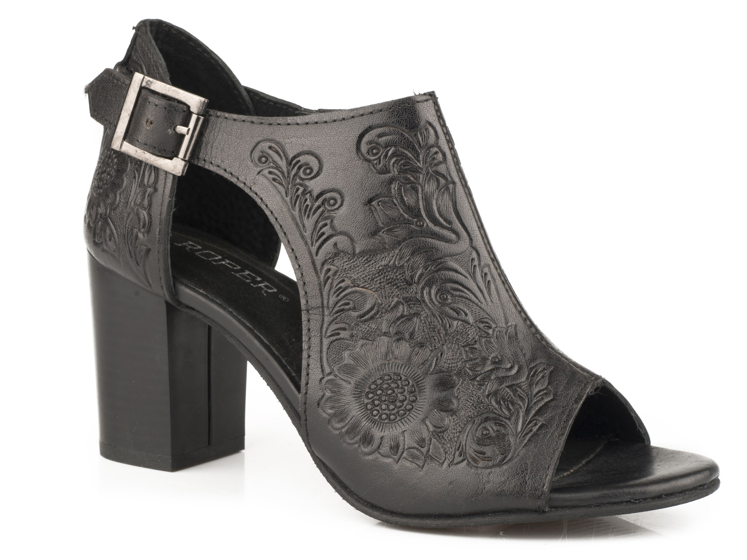 Mika Closed Back Womens Black Floral Tooled Leather