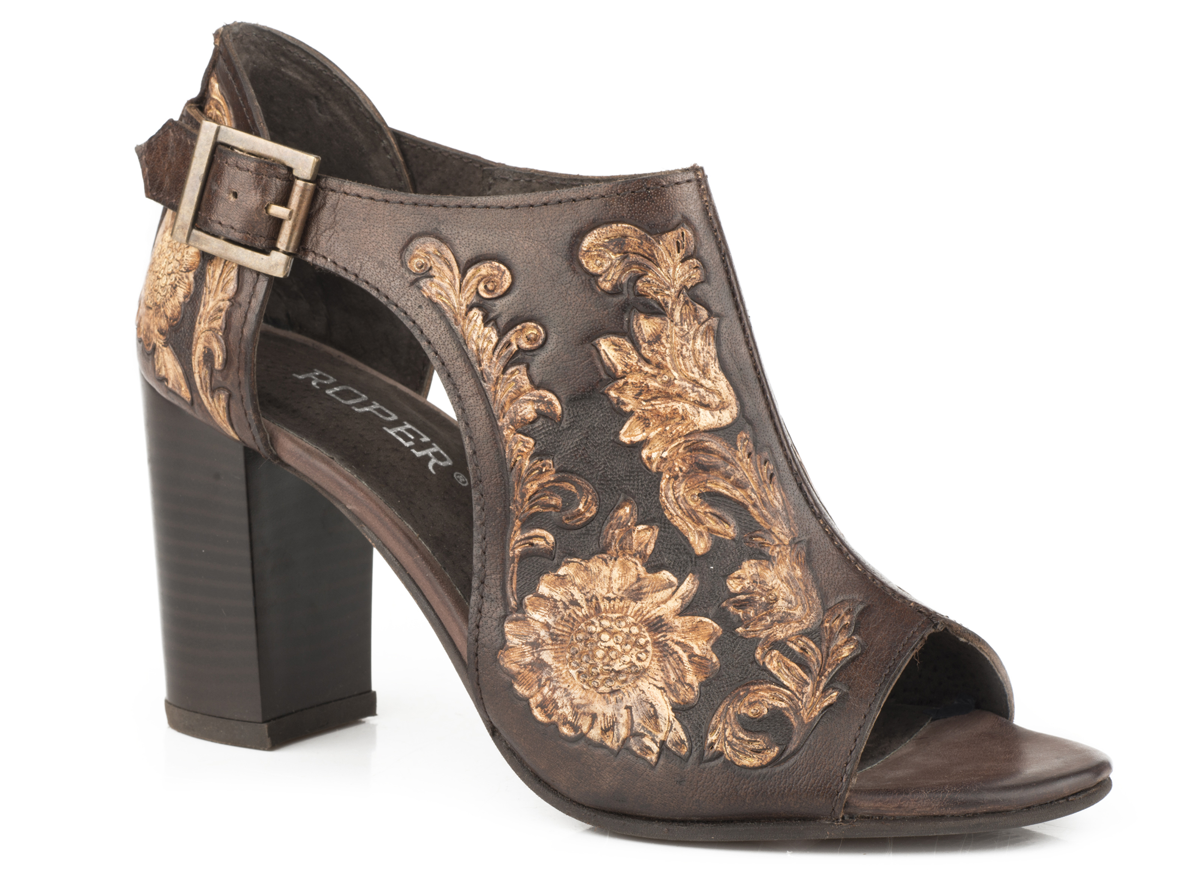 Mika Closed Back Womens Brown/beige Floral Tooled Leather