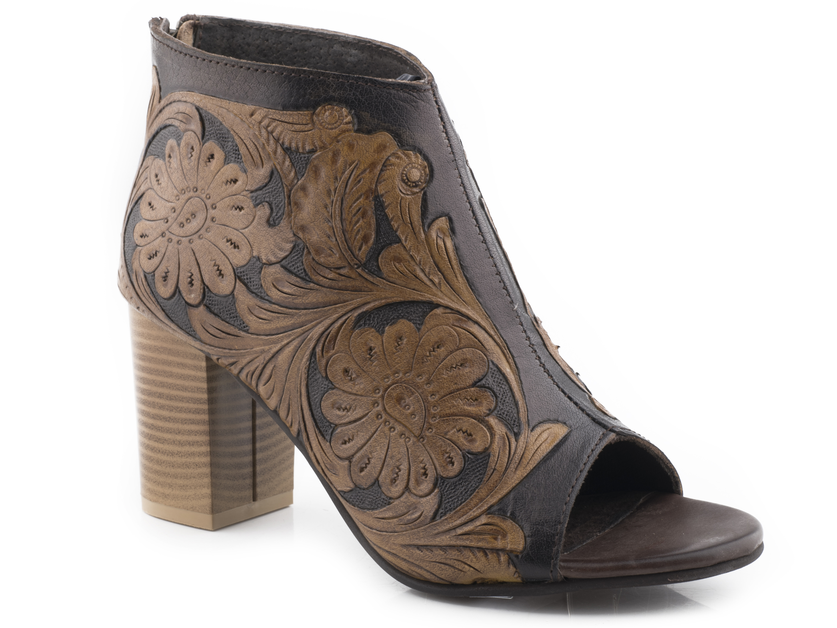 Mika Back Zip Womens Tan And Black Tooled Leather