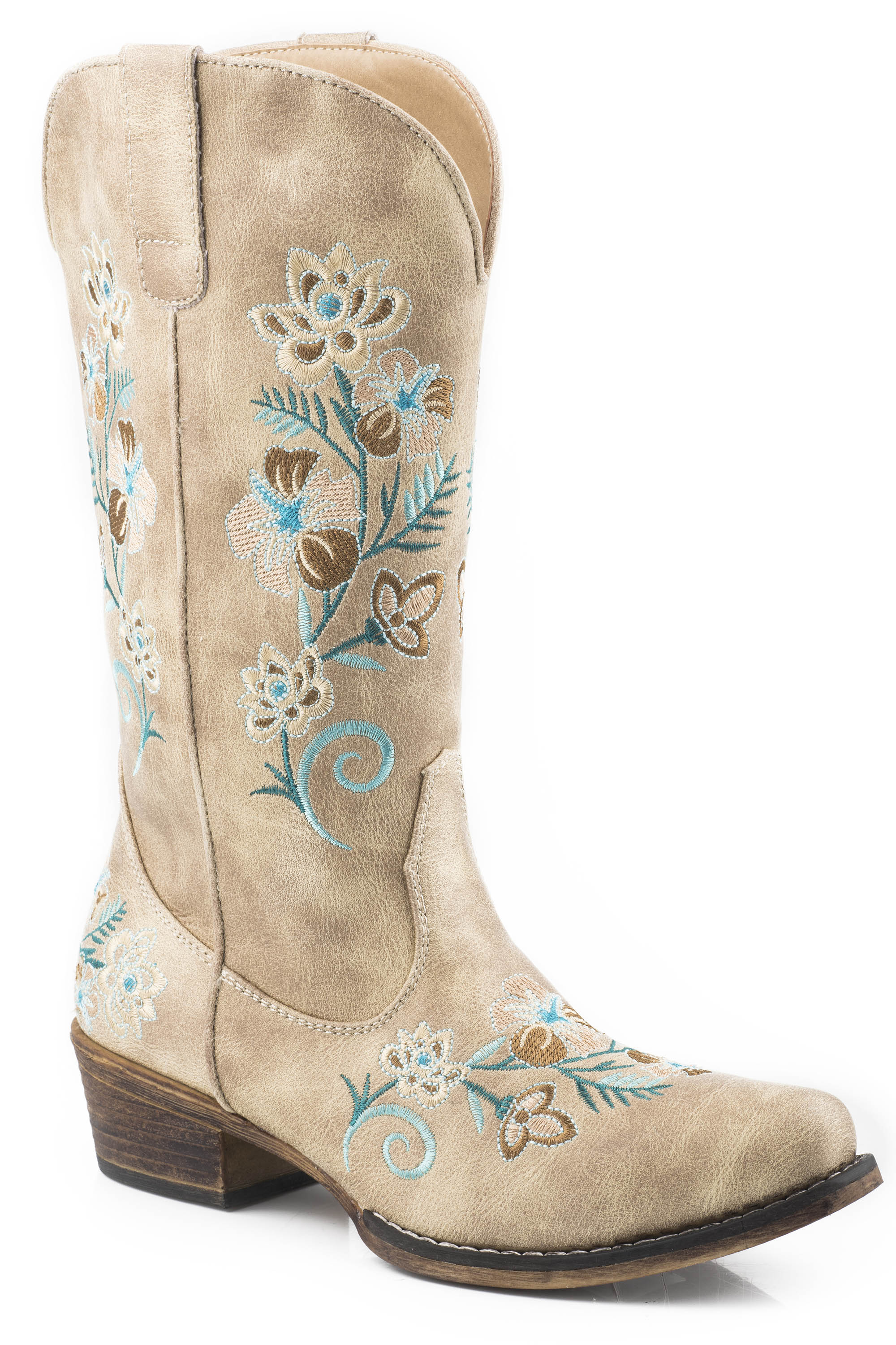 Riley Floral Womens Tan Vintage Beige Faux Leather