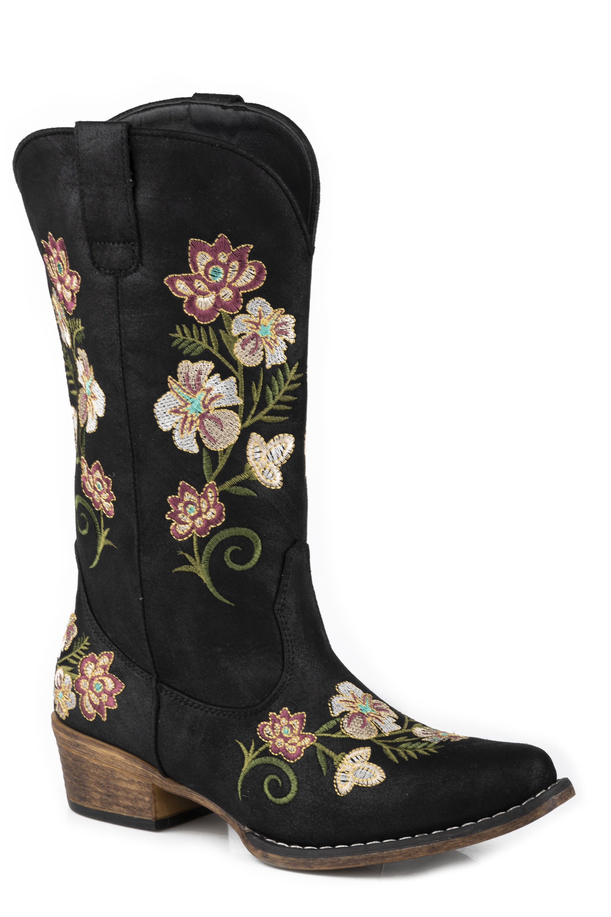 Riley Floral Womens Black Faux Leather