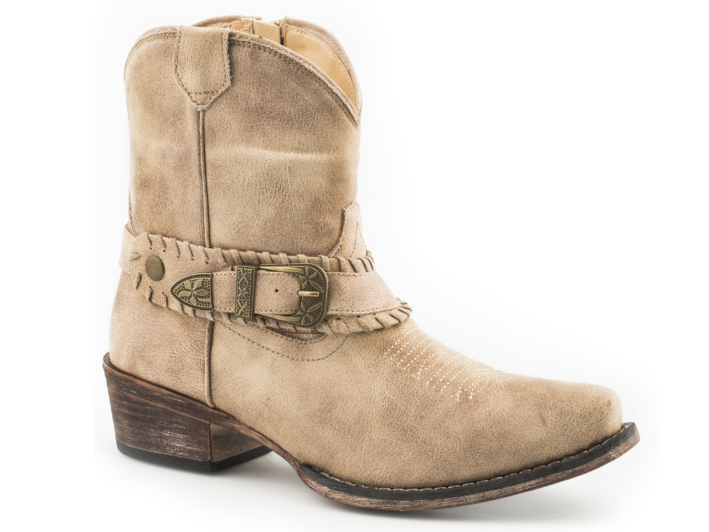 Nelly Womens Tan Vintage Beige Faux Buckle Boot