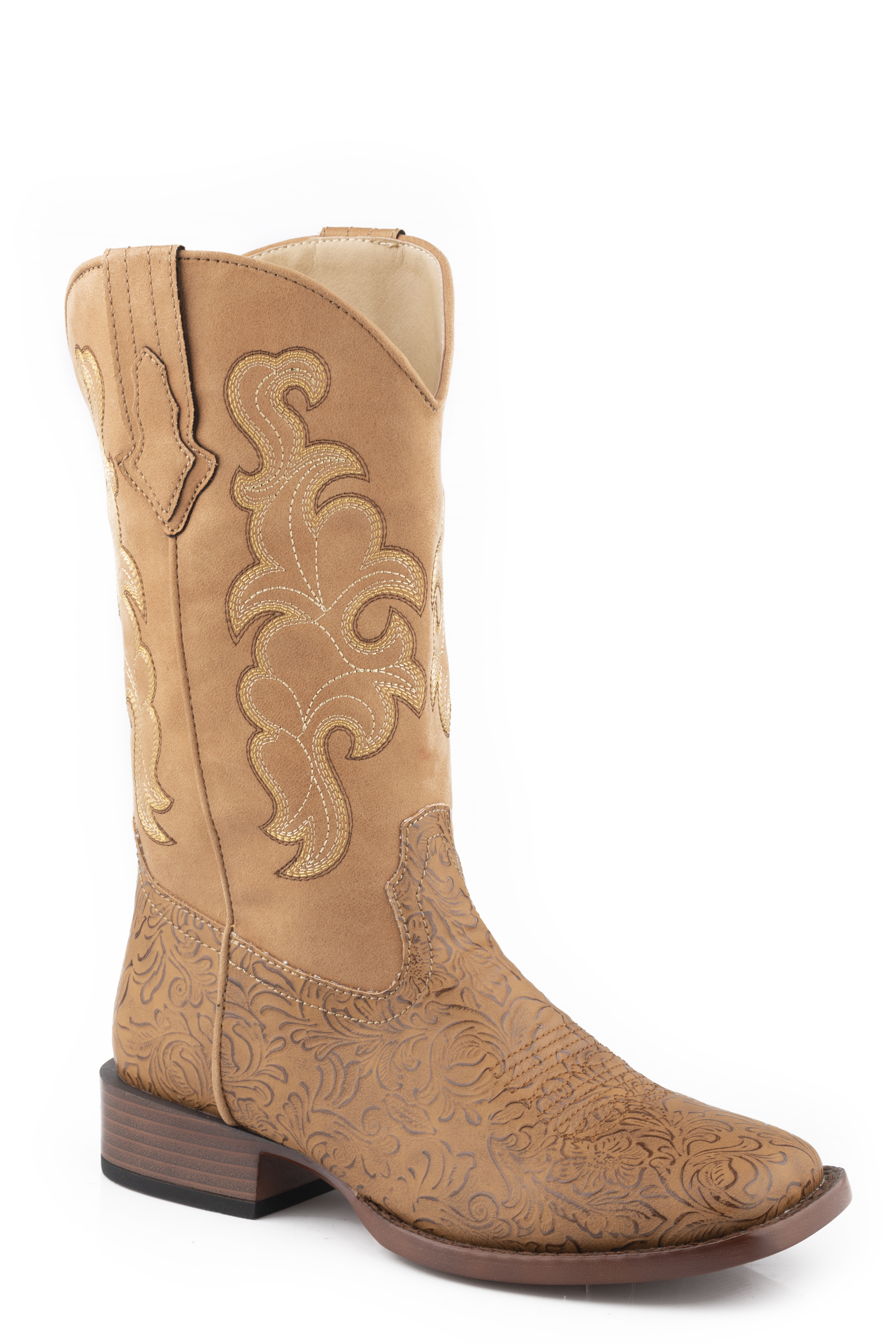 Kacey Womens Tan Floral Embossed Vamp