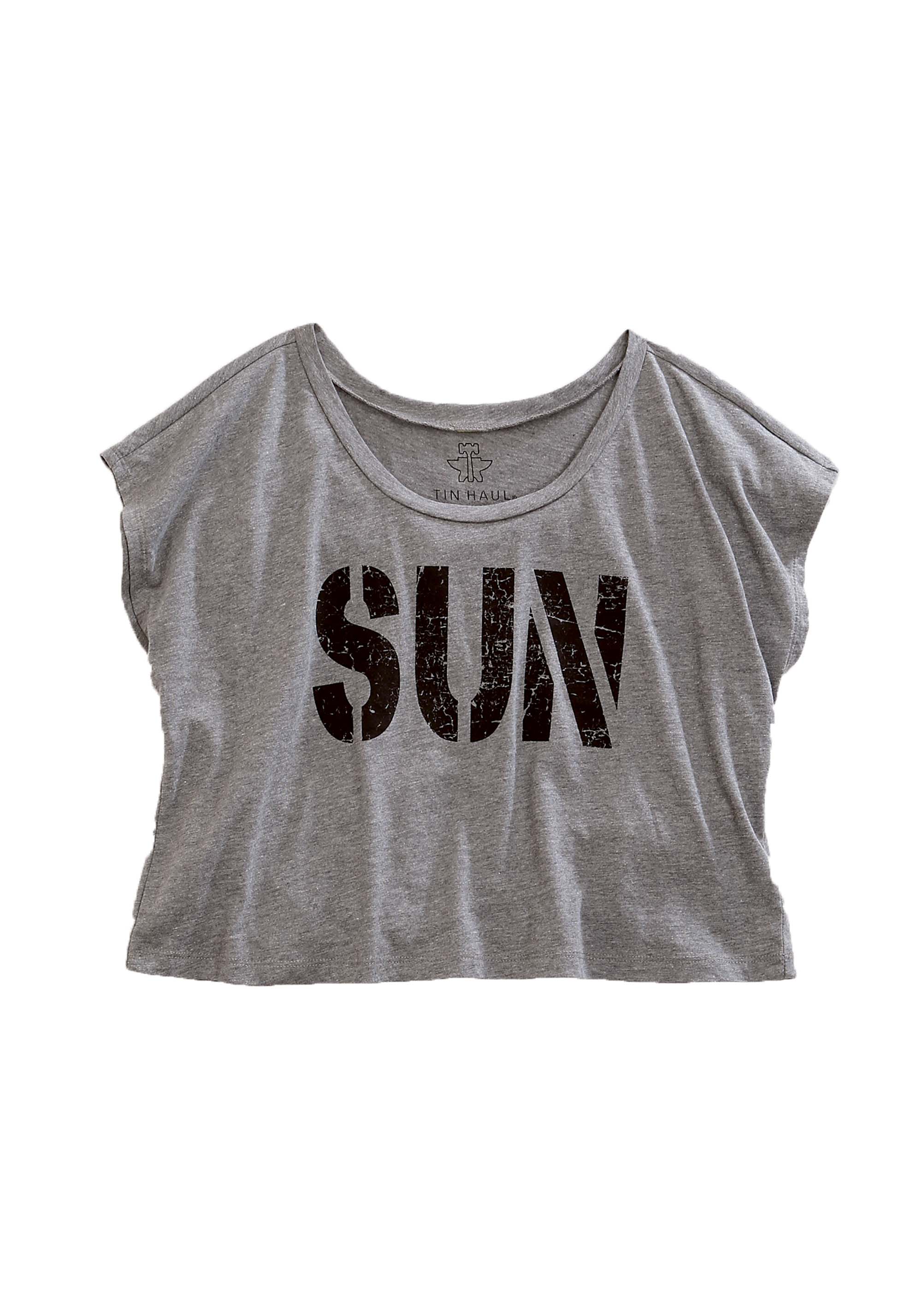 Tin Haul Gal’s T-shirt Collection Womens Grey Crop Tee W/sun Screen Print