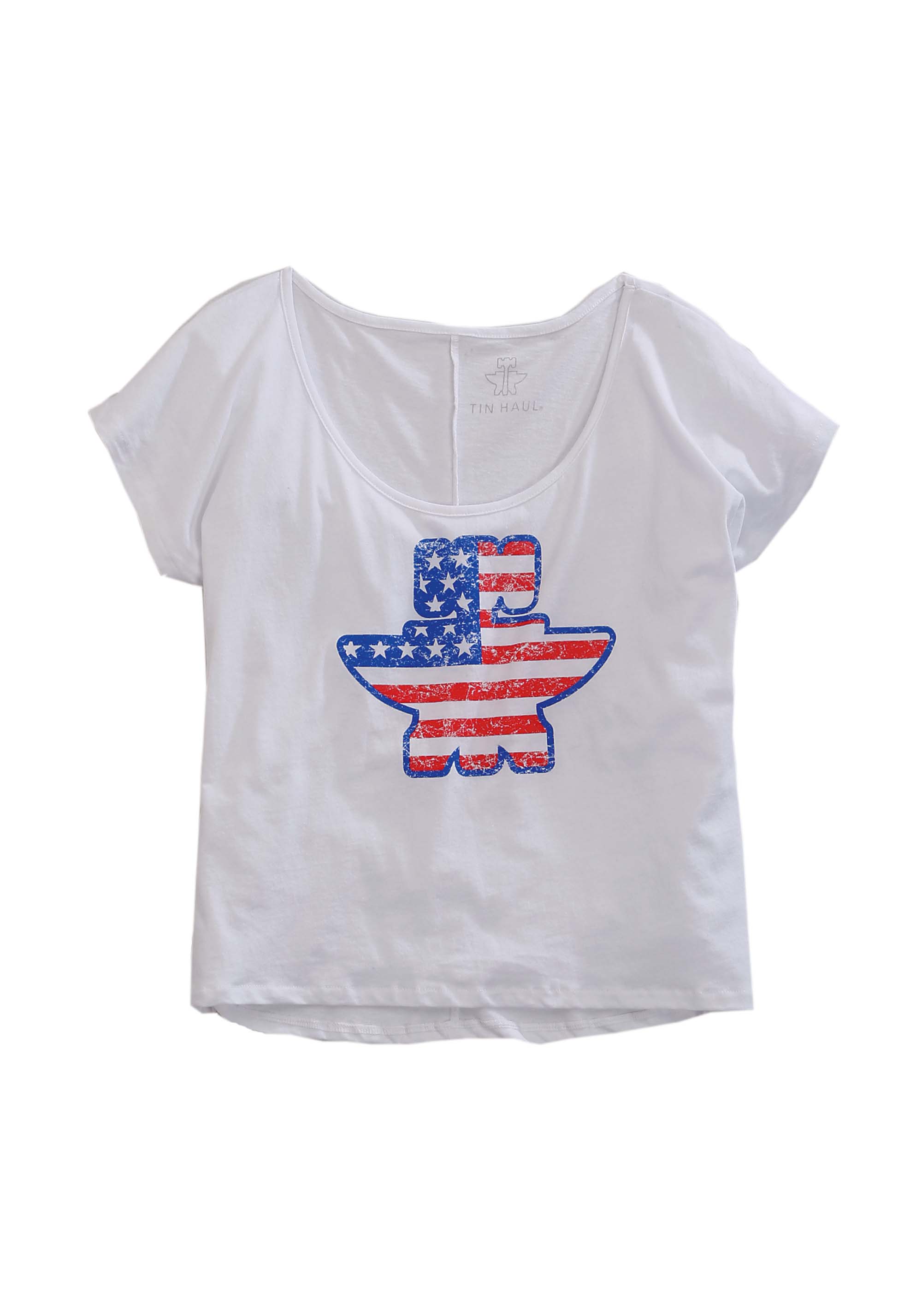 Tin Haul Gal’s T-shirt Collection Womens White Crop Tee W/american Flag Anvil/hammer