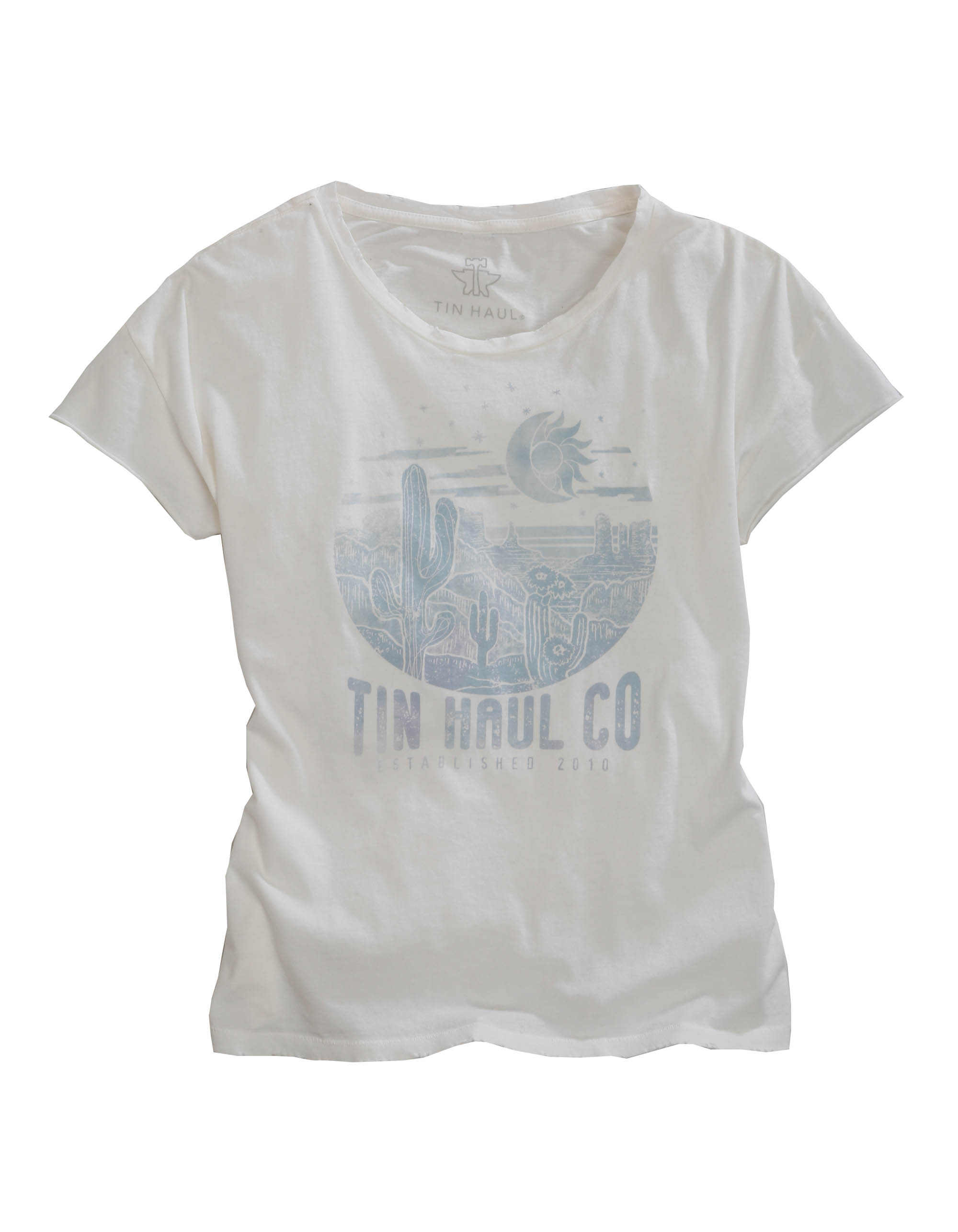 Tin Haul Collection- T-shirts Womens White Blue Moon Arising Scenery Screen Prnt