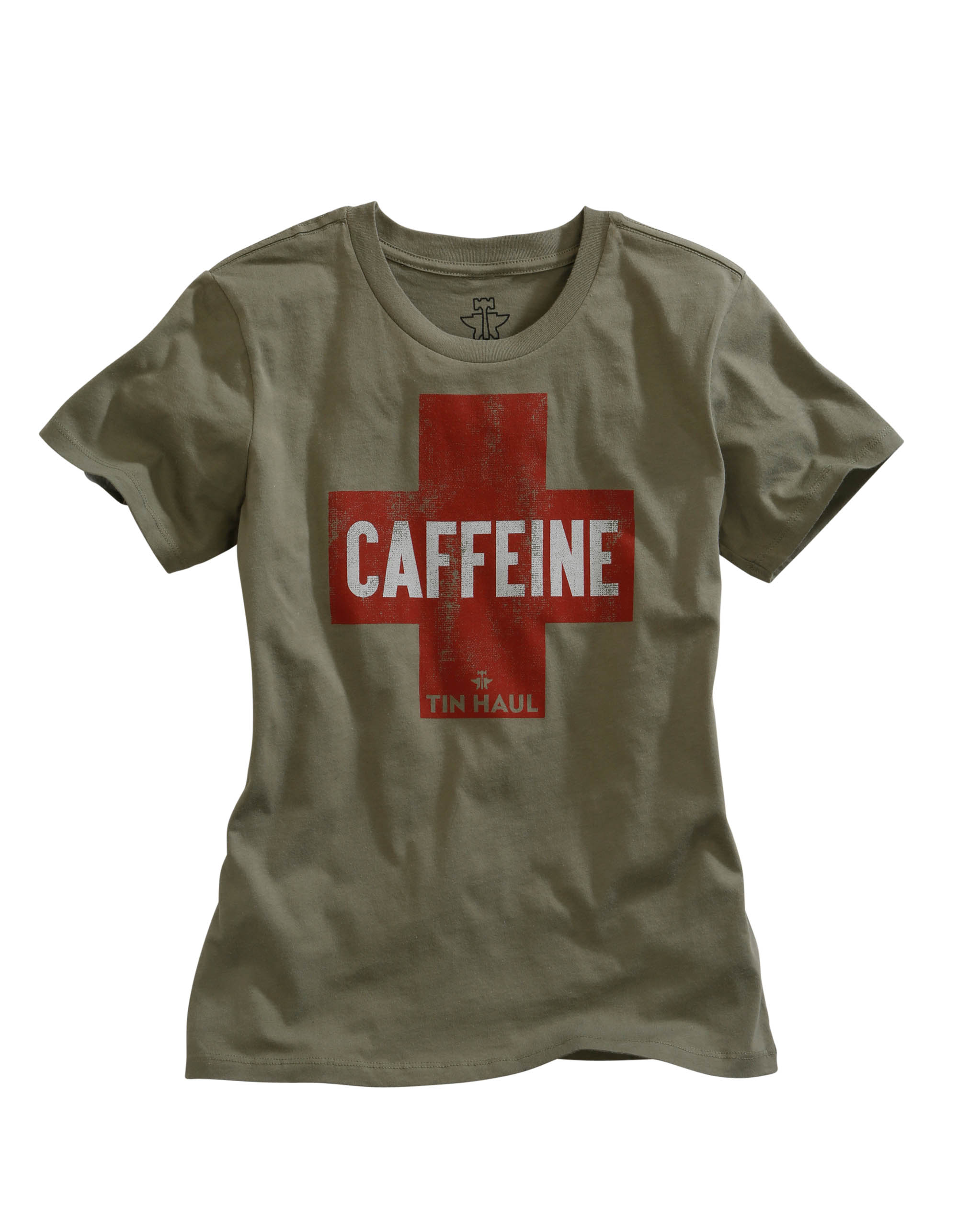 Tin Haul Collection- T-shirts Womens Grey Red Cross Need Caffine Screen Print