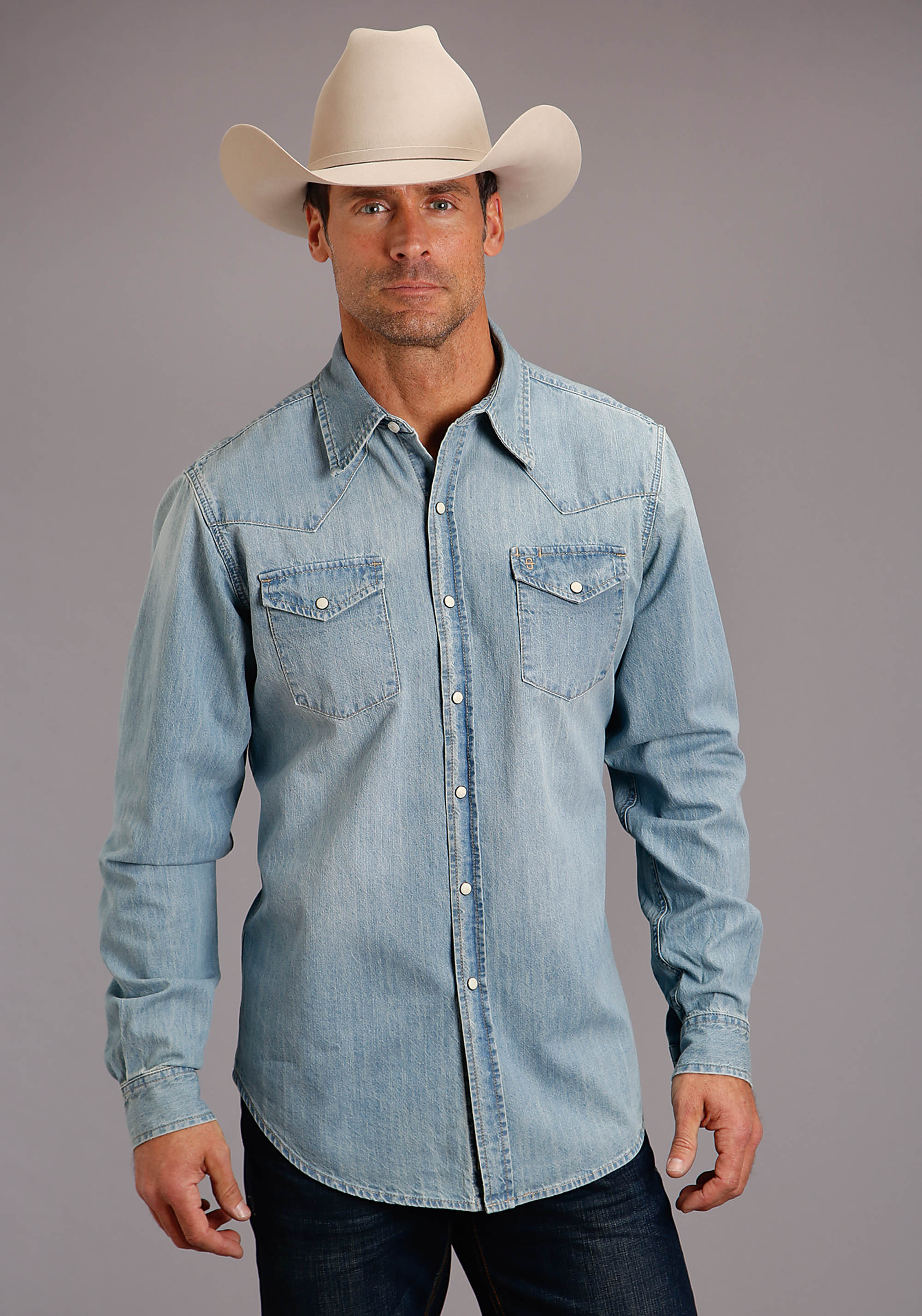 Long-sleeved Denim Shirt Mens Lt Blue Denim Shirt Snap Front