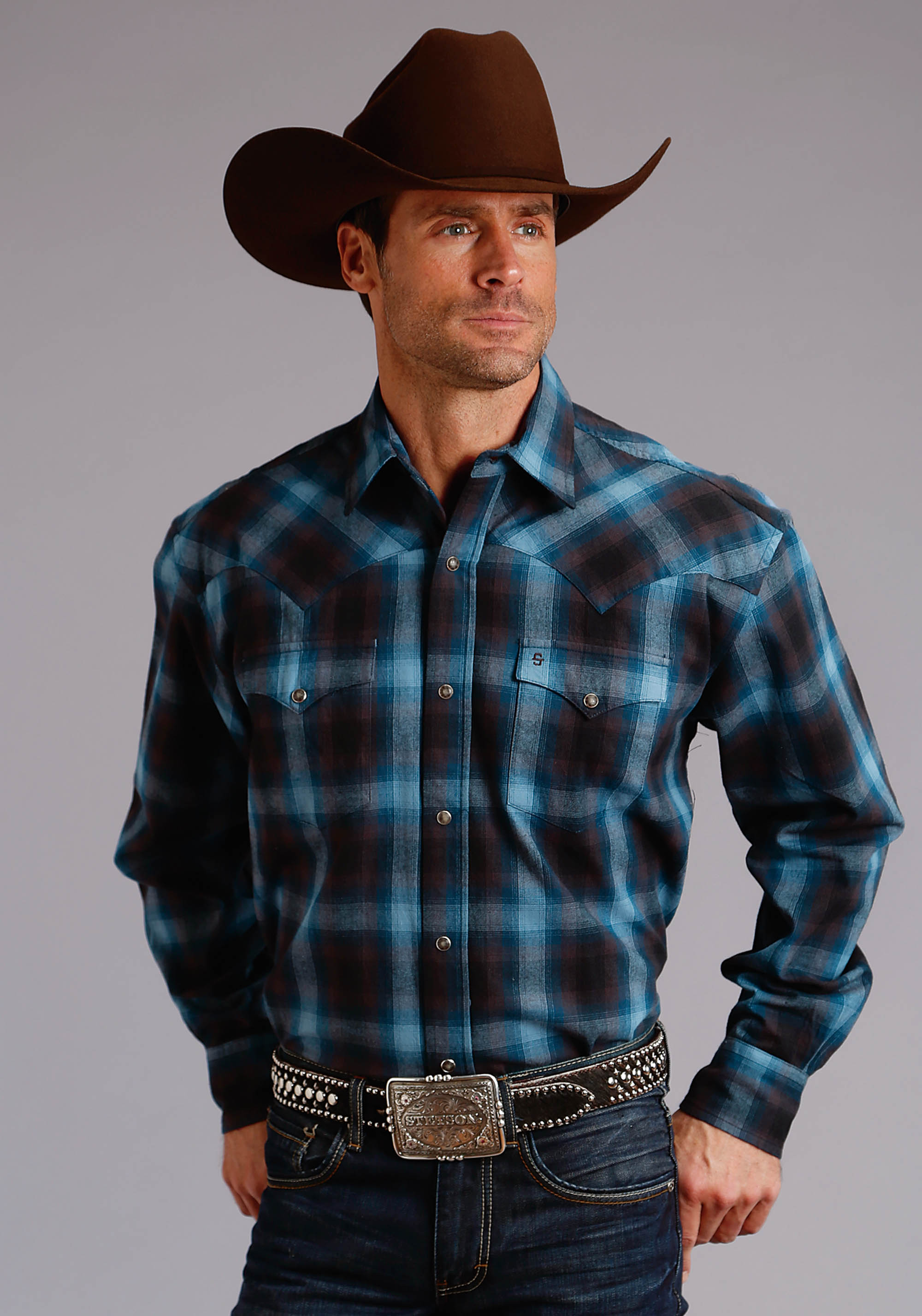 Flannel Western Shirt In Blue Plaid Mens 033 Brushed Twill Blue/brown Plaid