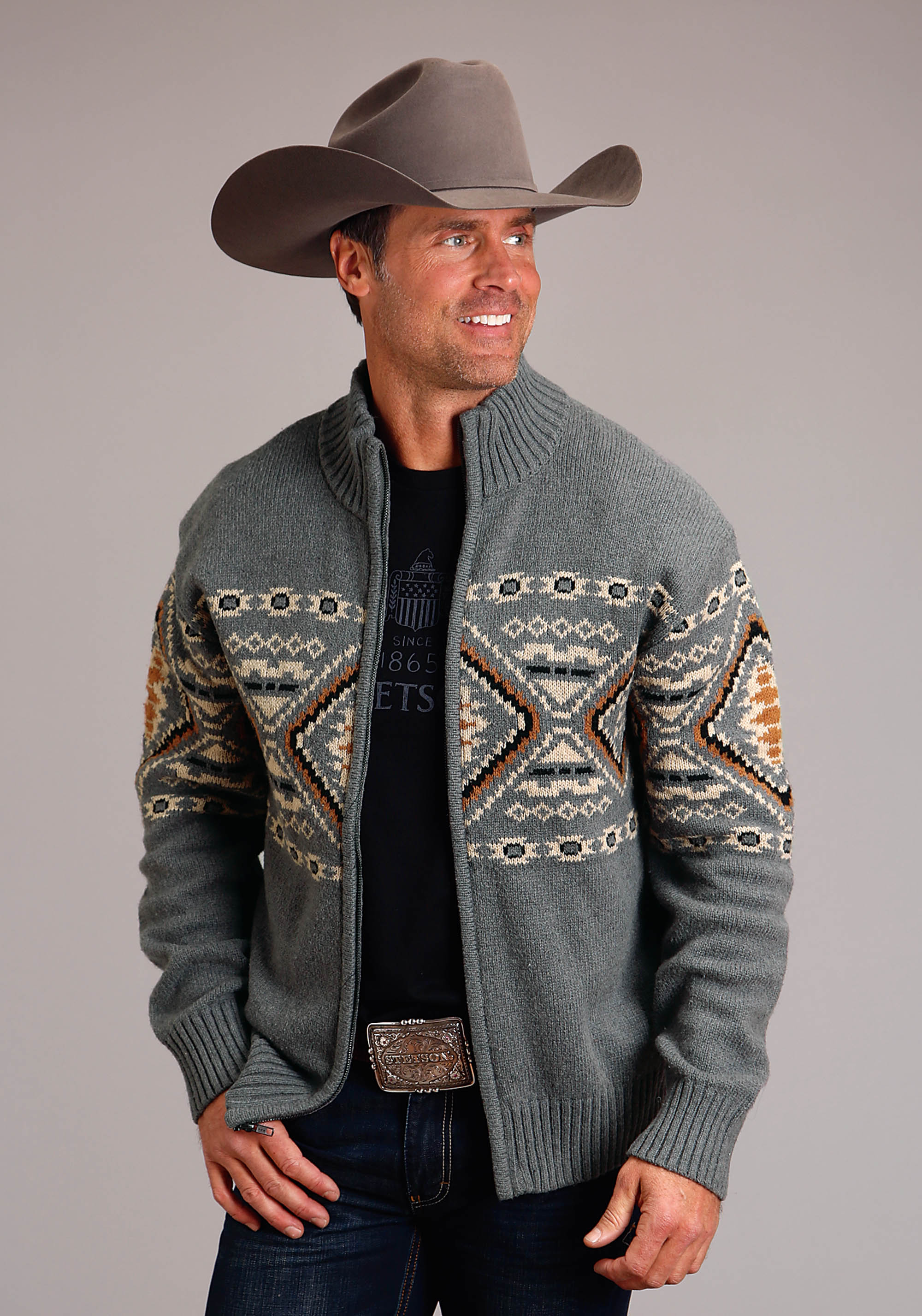 Stetson Men’s Collection – Original Rugged Mens Grey 1803 Aztec Border Wool Blend Cardigan