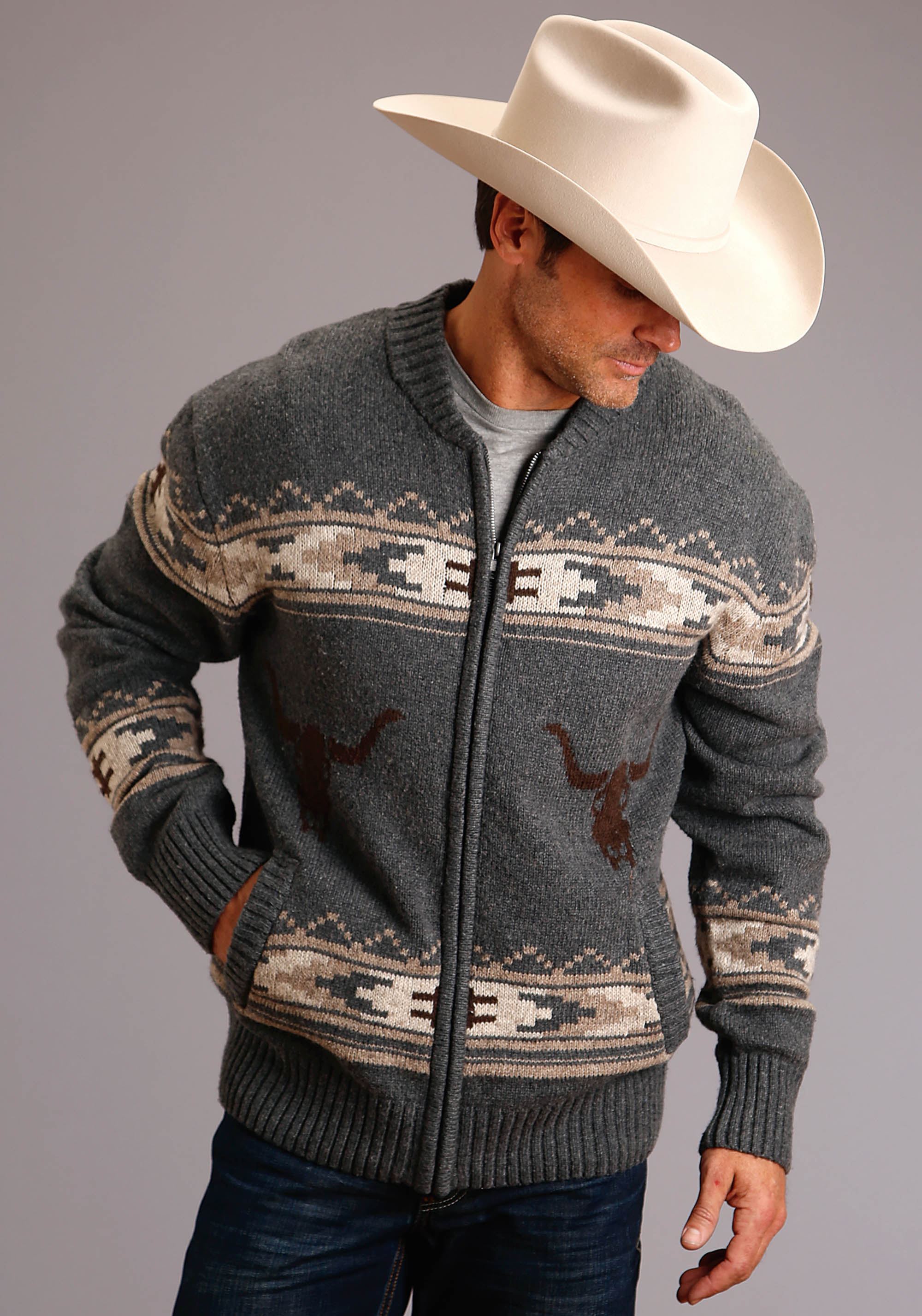 Longhorn Cardigan Mens Grey 1344 Wool Blend Heather Knit Cardigan