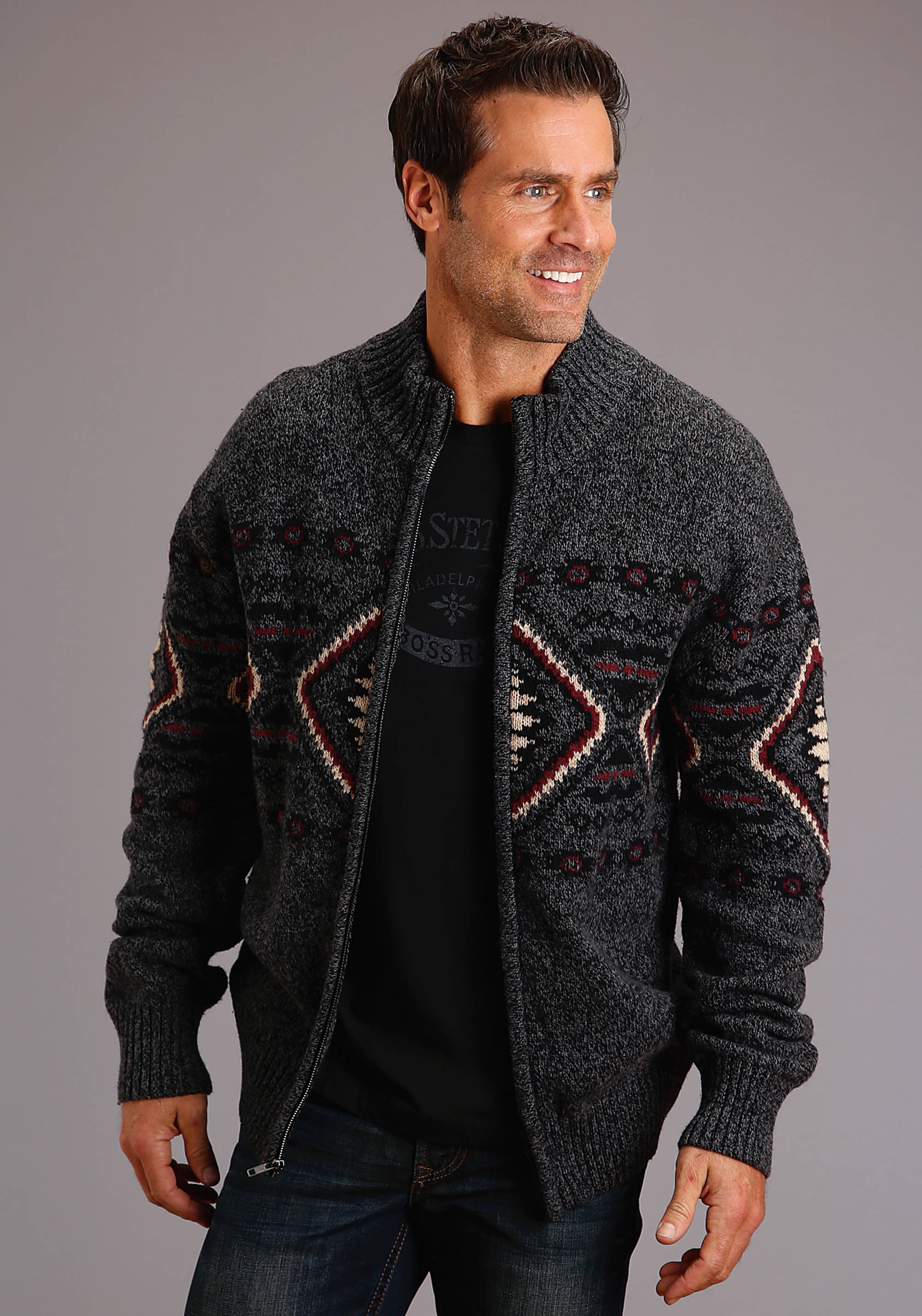 Horizontal Aztec Cardigan Mens Grey 1343 Wool Blend Heather Knit Cardigan