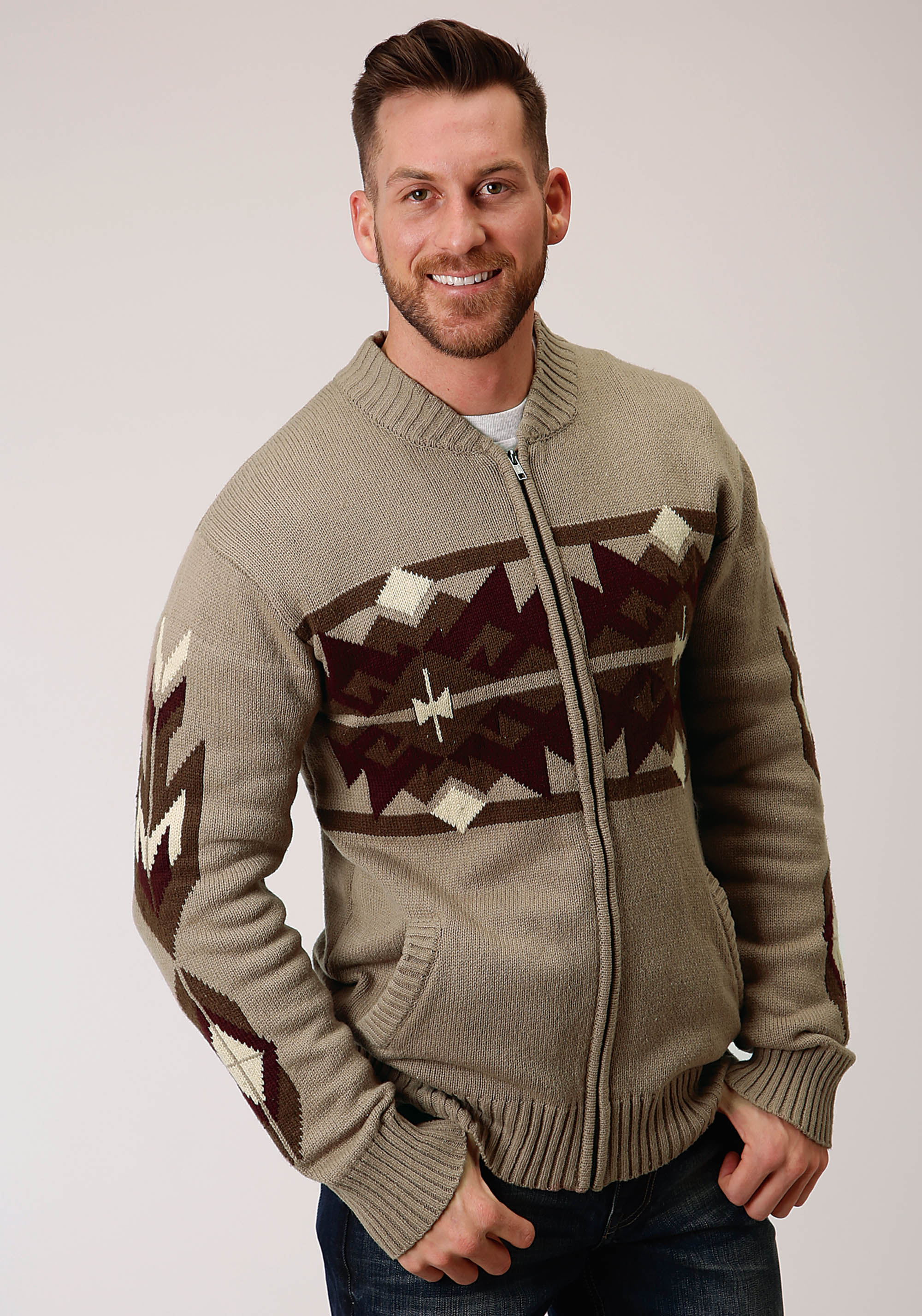 Brown Gray Aztec Cardigan Mens Brown 00492 Wool Blend Cardigan