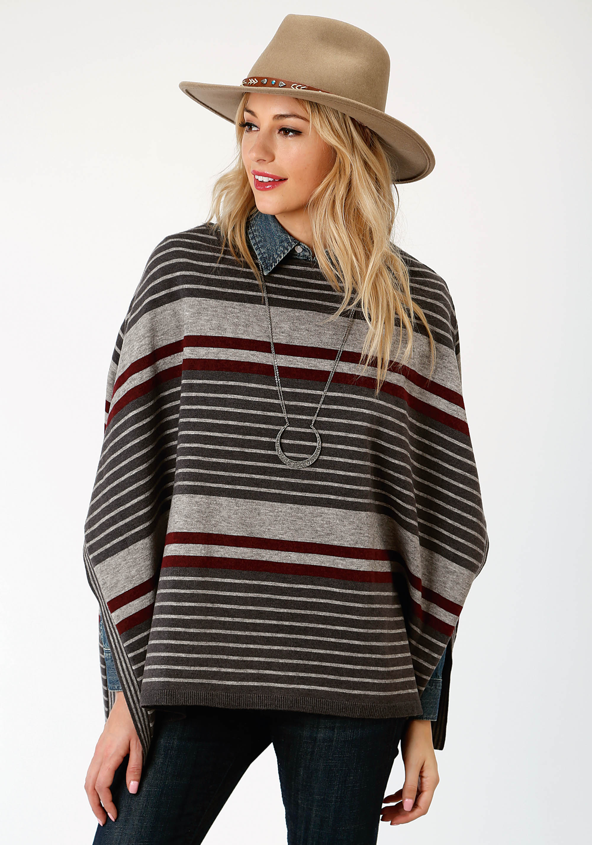 Ombre Stripe Sweater Poncho Womens Grey 00005 Ombre Stripe Sweater Poncho