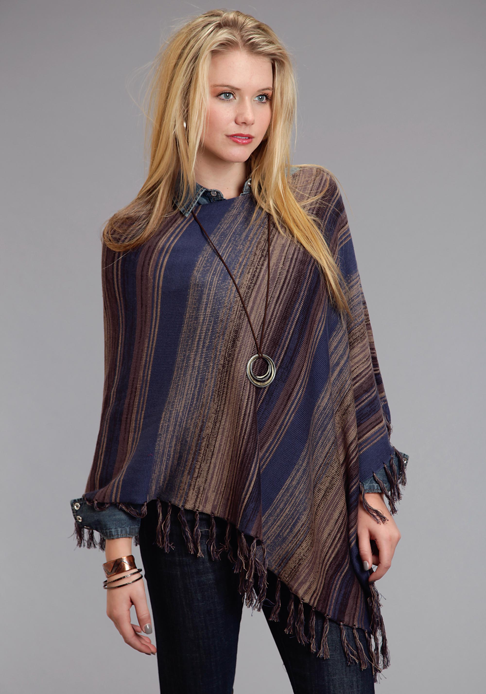 Stetson Ladies Collection- Fall Iii Womens Blue 0705 Bu Tone Stripe Scoop Neck Poncho