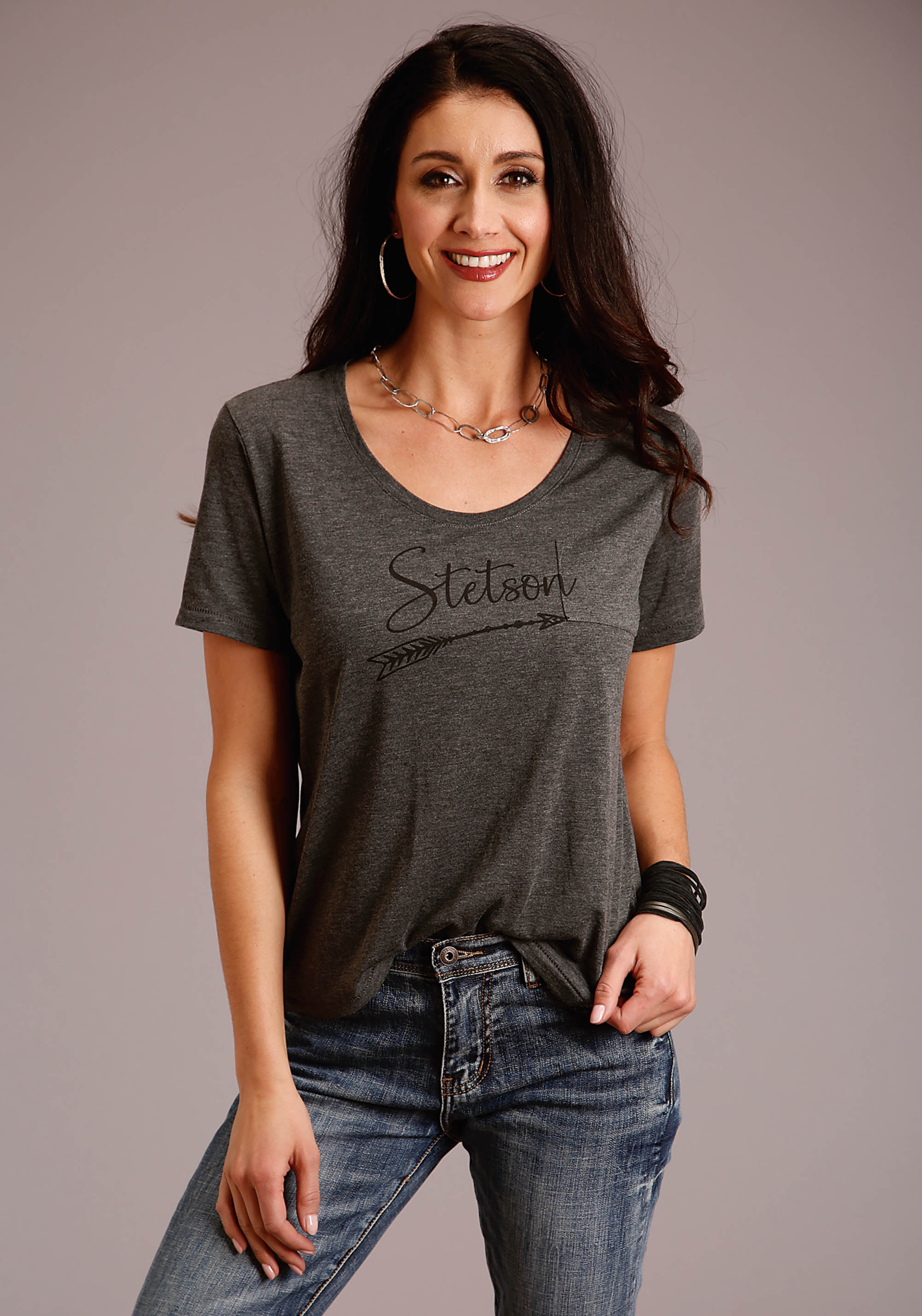 Arrow Print Graphic Tee Womens Grey Stetson Script W/arrow Screen Print