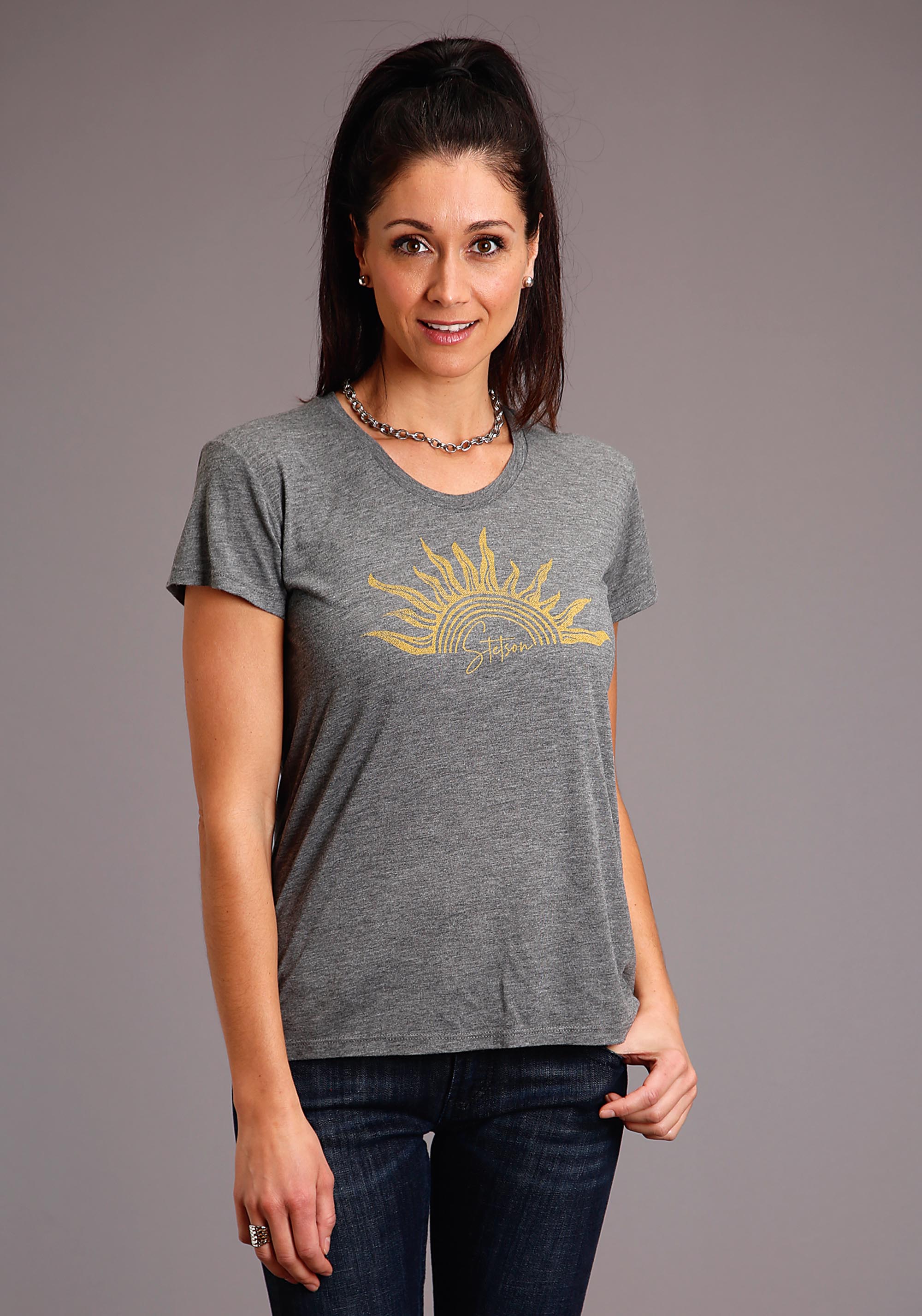 Sunburst Vintage Tee Womens Grey Gold Sun W/stetson Script Screen Ows