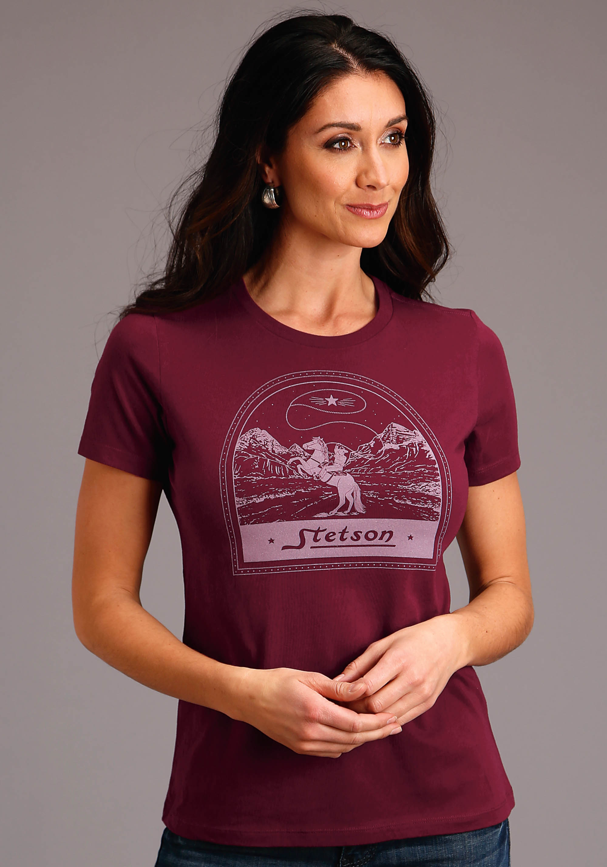 Stetson Women’s Collection – T-shirts Womens Maroon Stetson Lasso Cowboy Mountians Screen