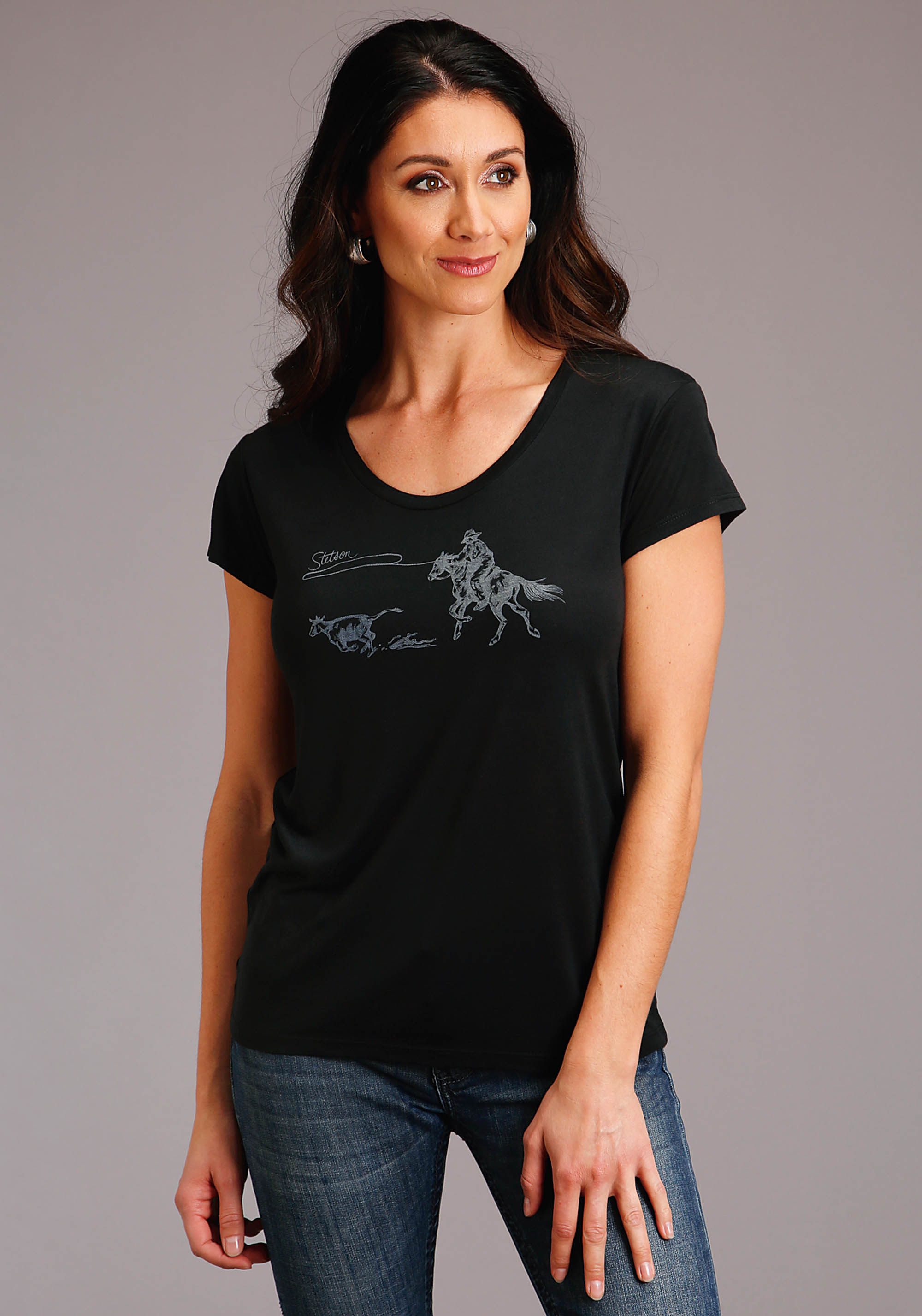 Stetson Women’s Collection- T-shirt Womens Black Lasso Action Screen Print Ows