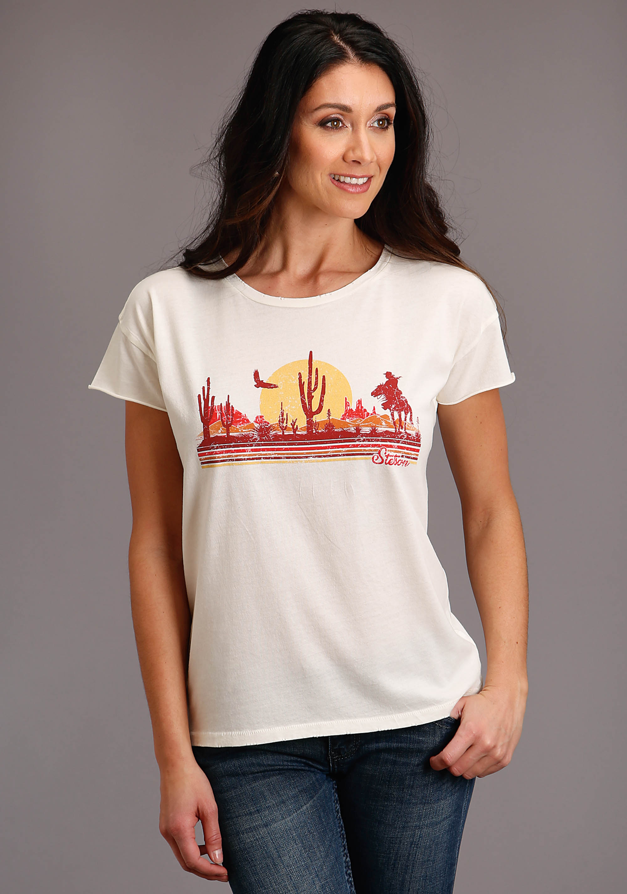 Stetson Women’s Collection- T-shirts Womens White Distressed Cowgirl In Desert