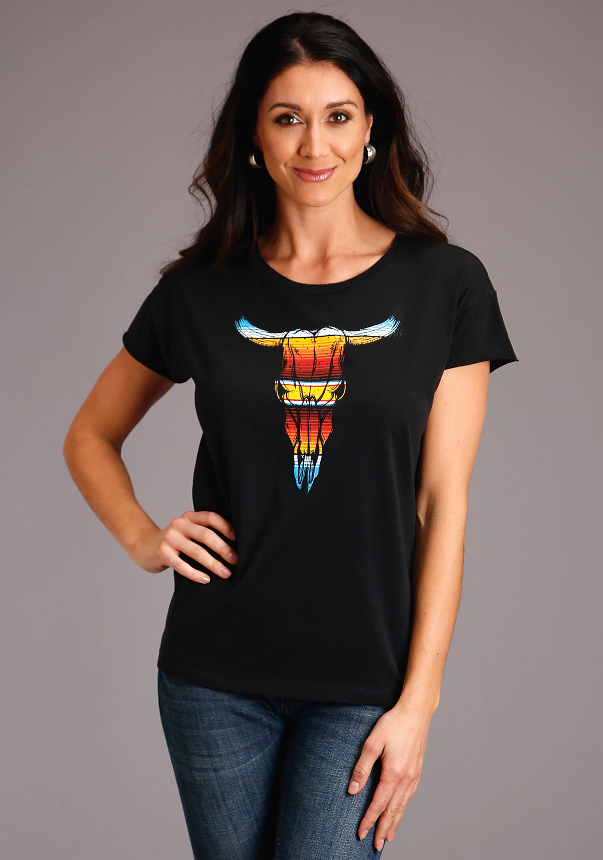 Stetson Women’s Collection-t-shirt Womens Grey Serape Longhorn Skull