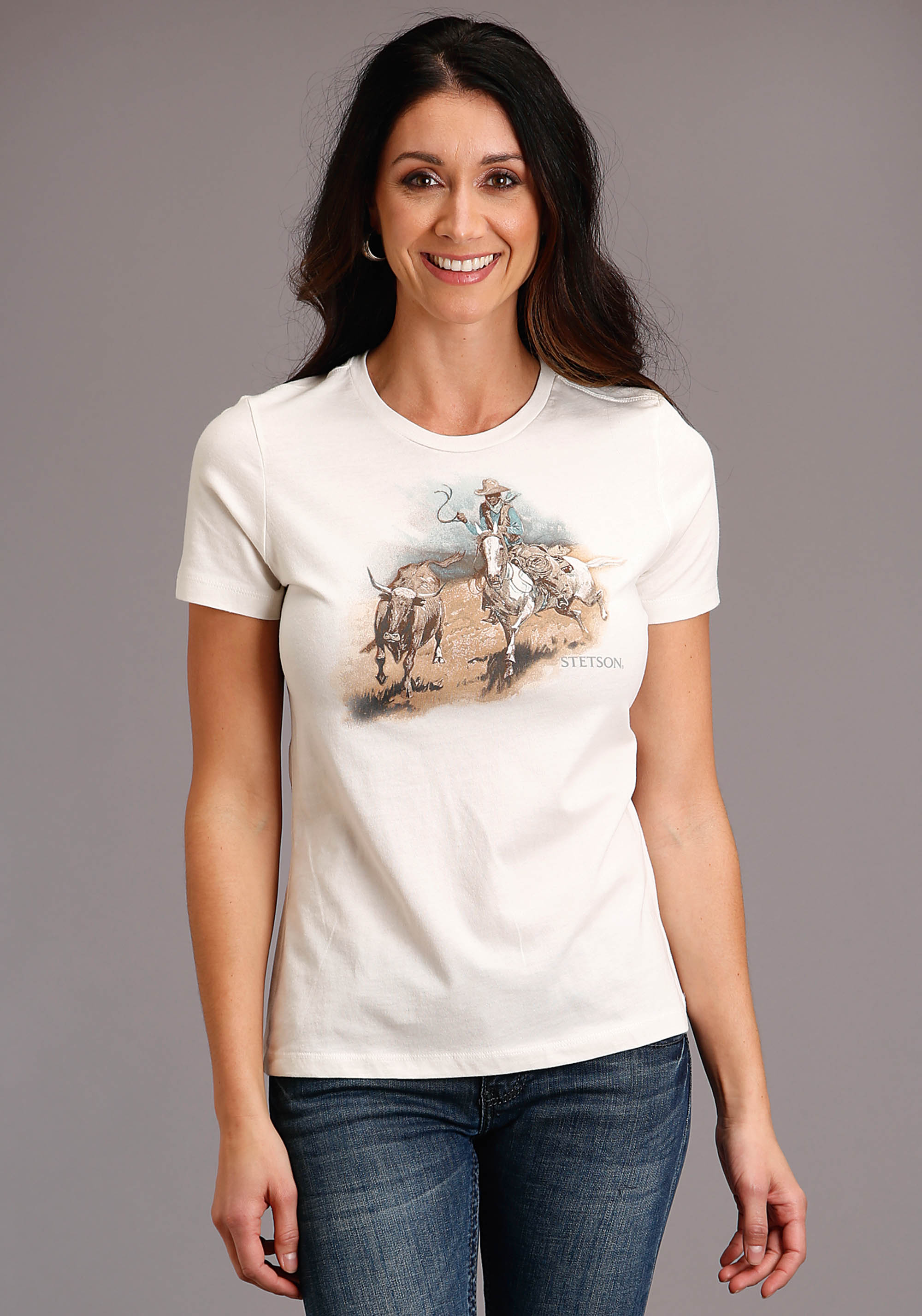 Stetson Women’s Collection- T-shirt Womens White Cattleman Scenery Screen Print