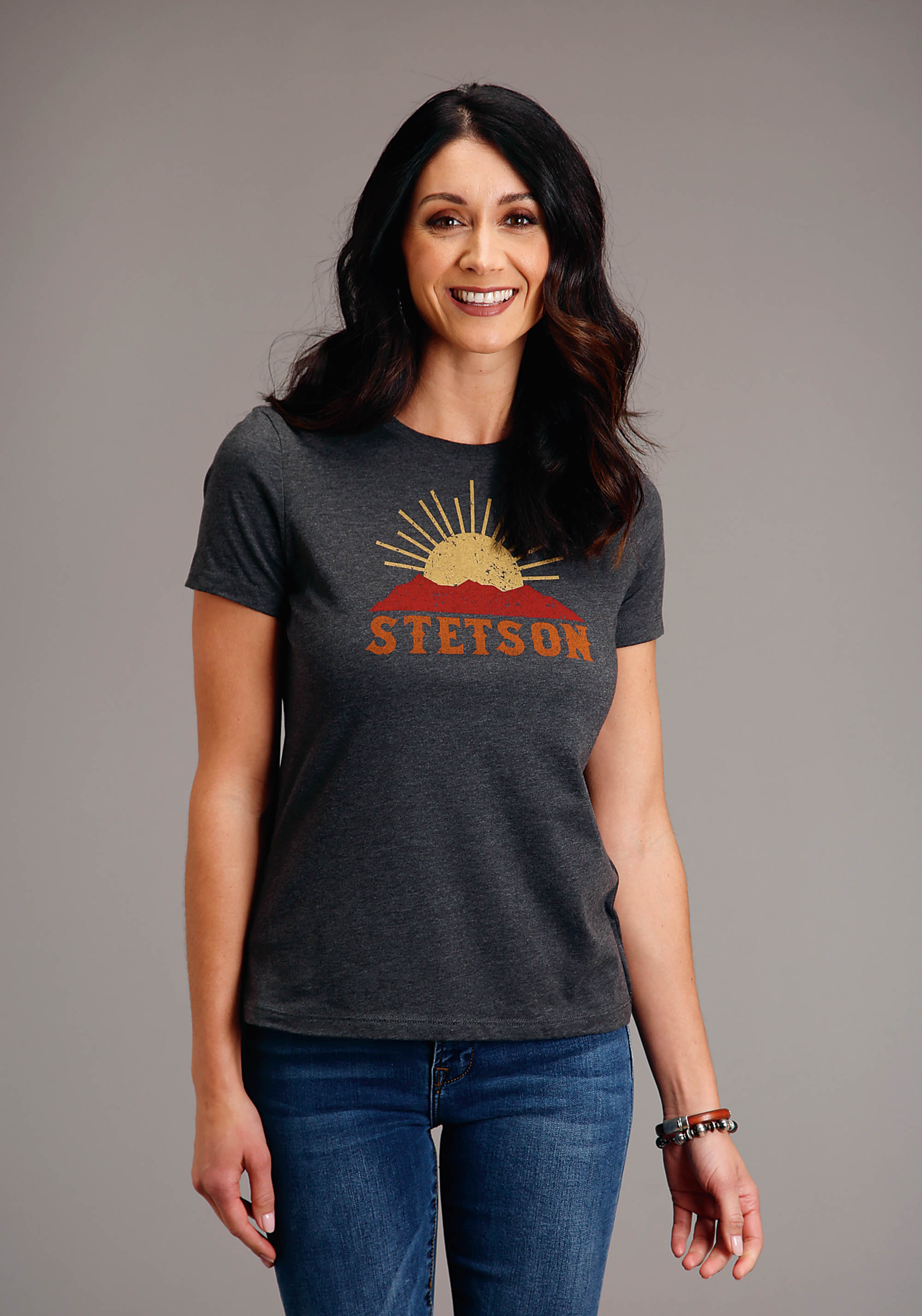 Stetson Women’s T-shirts Womens Grey Stetson Sunset And Mountain Screen Prt