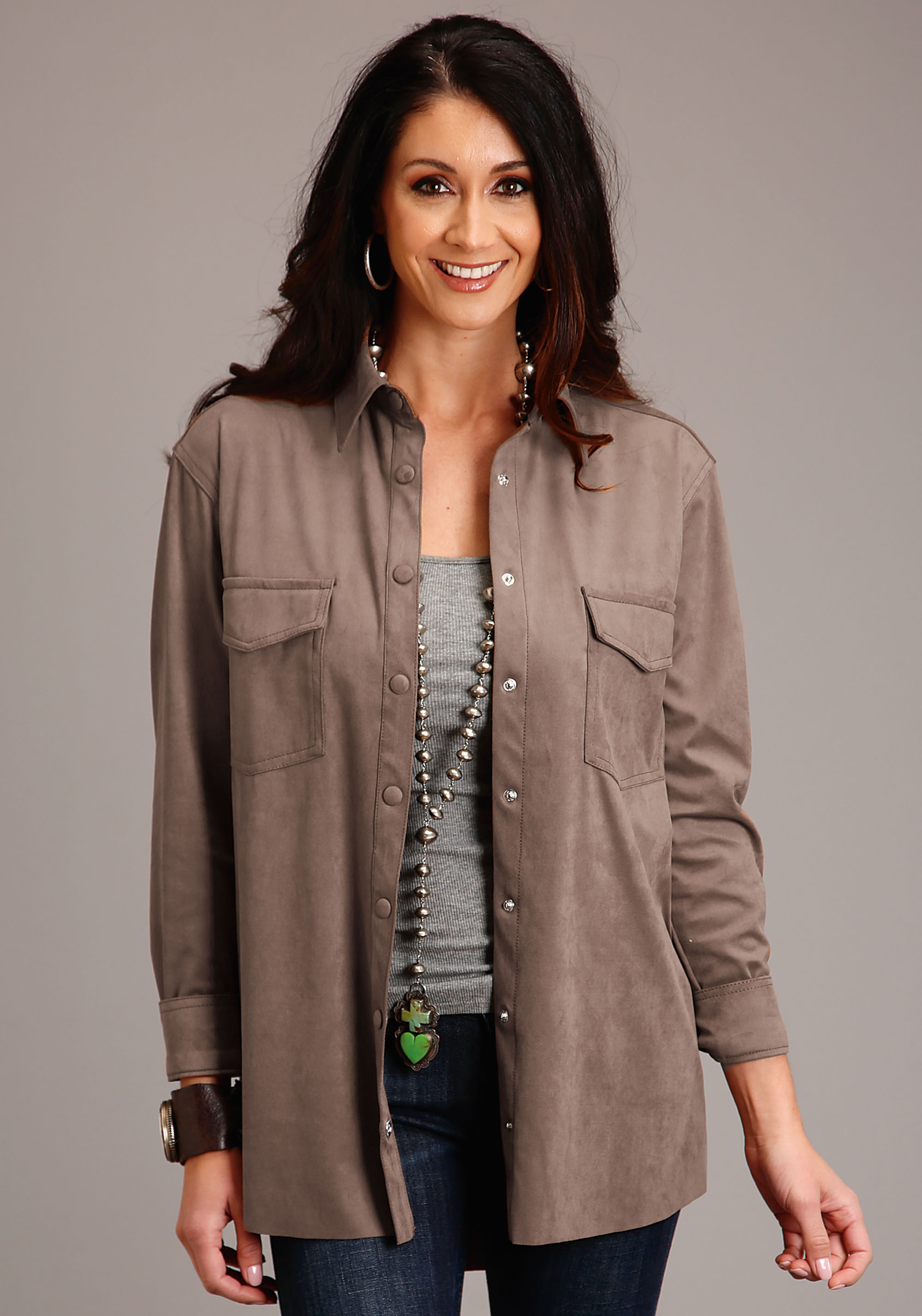 11-050-0539-0115-ta Womens 1392 Khaki Fuax Suede Long Shirt