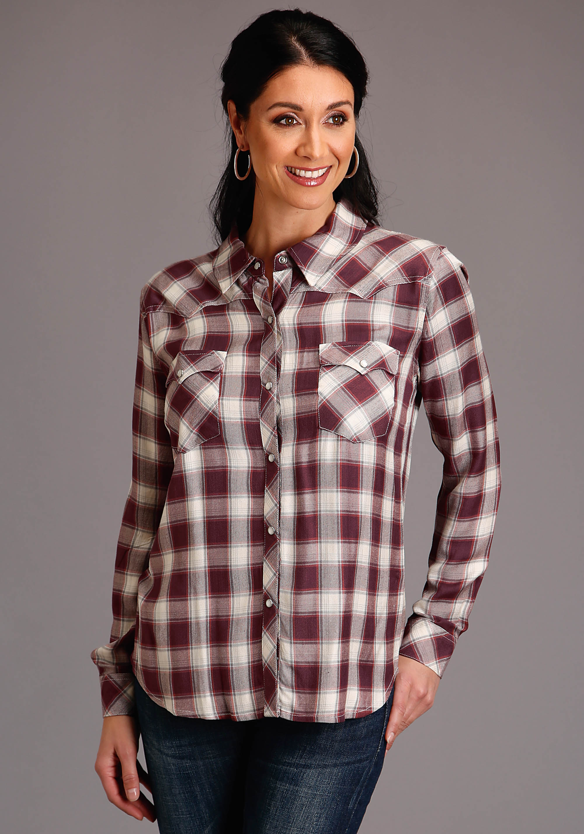 11-050-0597-6025-wi Womens Wine 1270 Gauch Plaid Ls Blouse