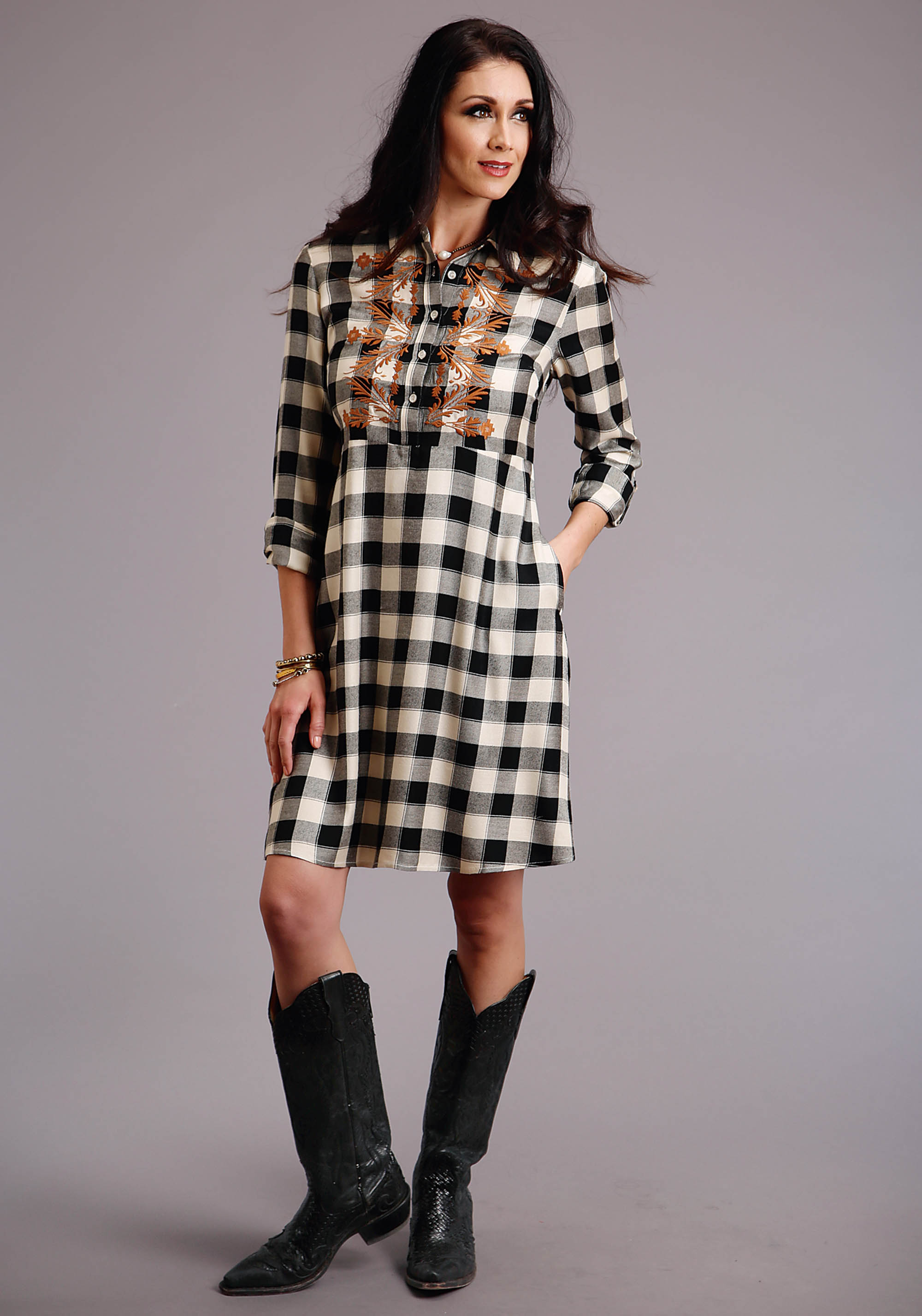 Stetson Women’s Collection- Winter I Womens White 00514 Buffalo Plaid Dress W/embroidery