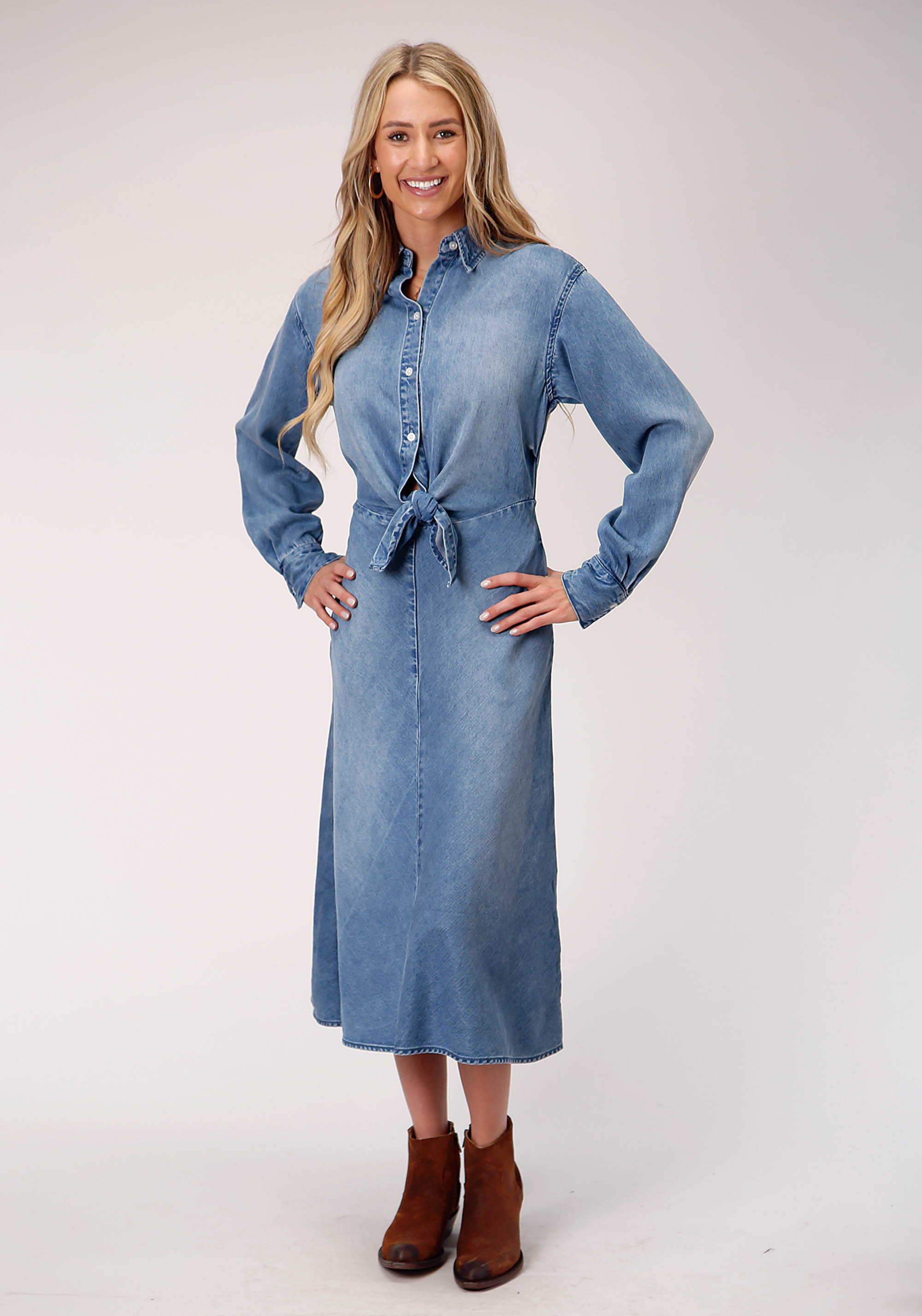 Denim Tencel Tie-front Dress Womens Blue Tencel Denim Dress W/self Tie Front