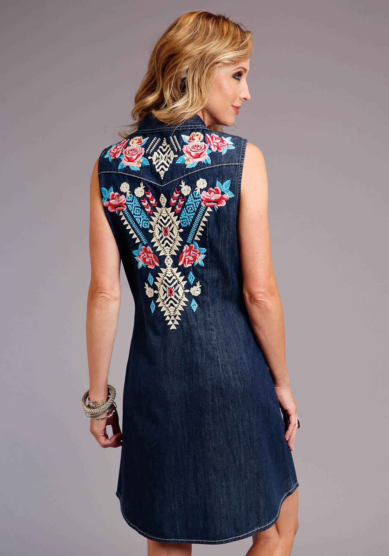 Embroidered Denim Shirt Dress Womens Blue Dark Denim Slvless Shirt Dress W/rose