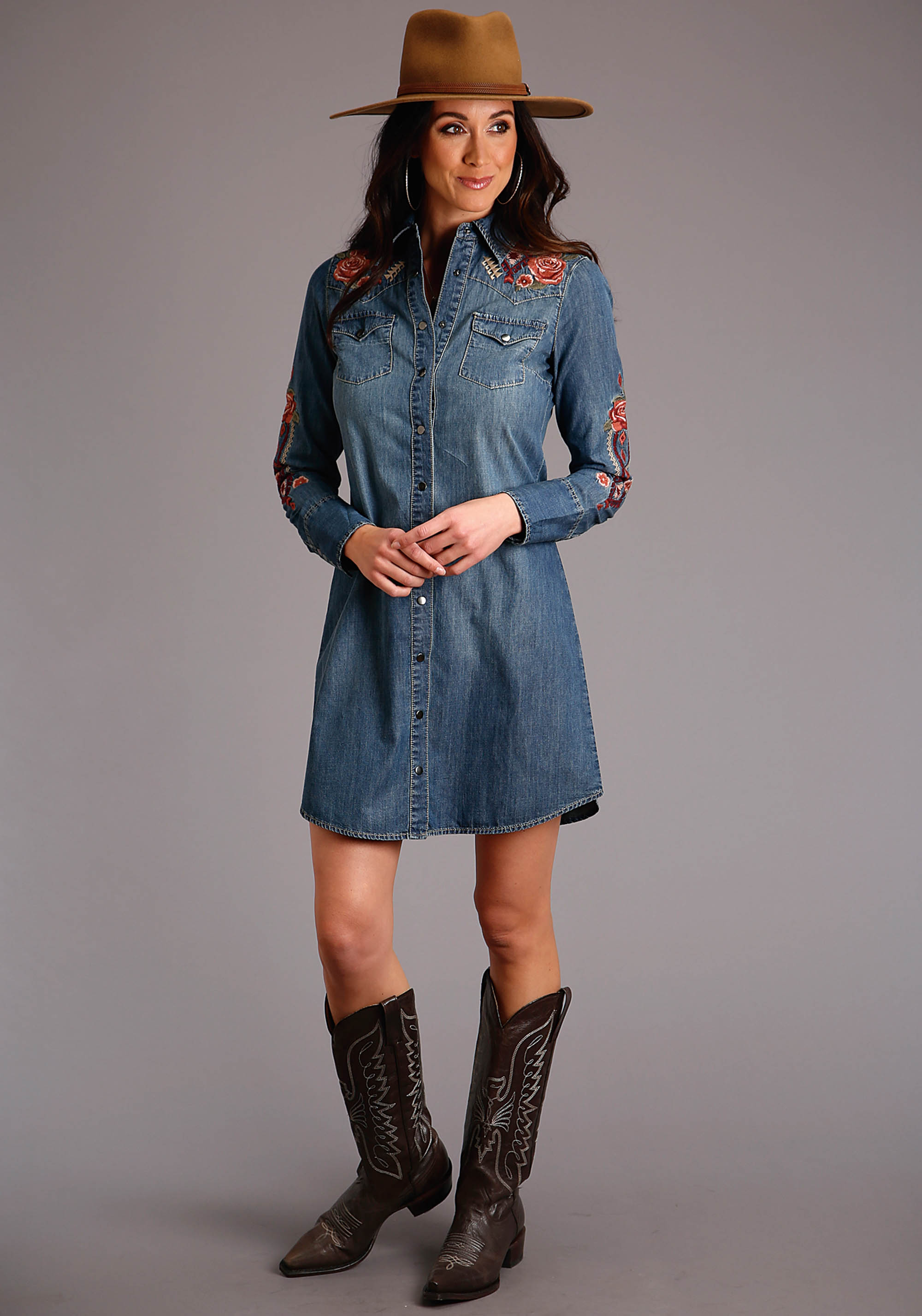 Stetson Women’s Collection – Fall I Womens Blue Denim Shirt Dress Rose/aztec Motiff Em