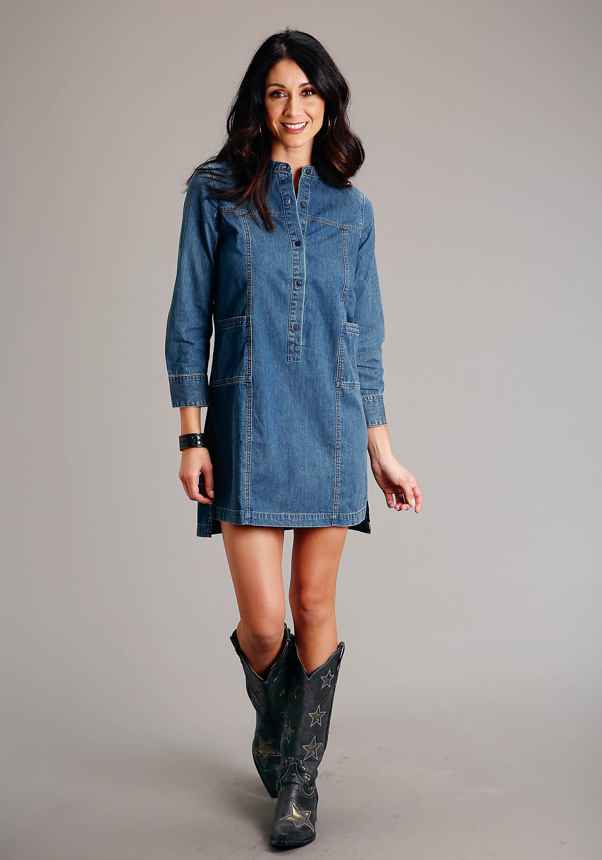 Stetson Women’s Collection – Fall I Womens Blue 3/4 Slv Denim Shirt Dress Stand Collr