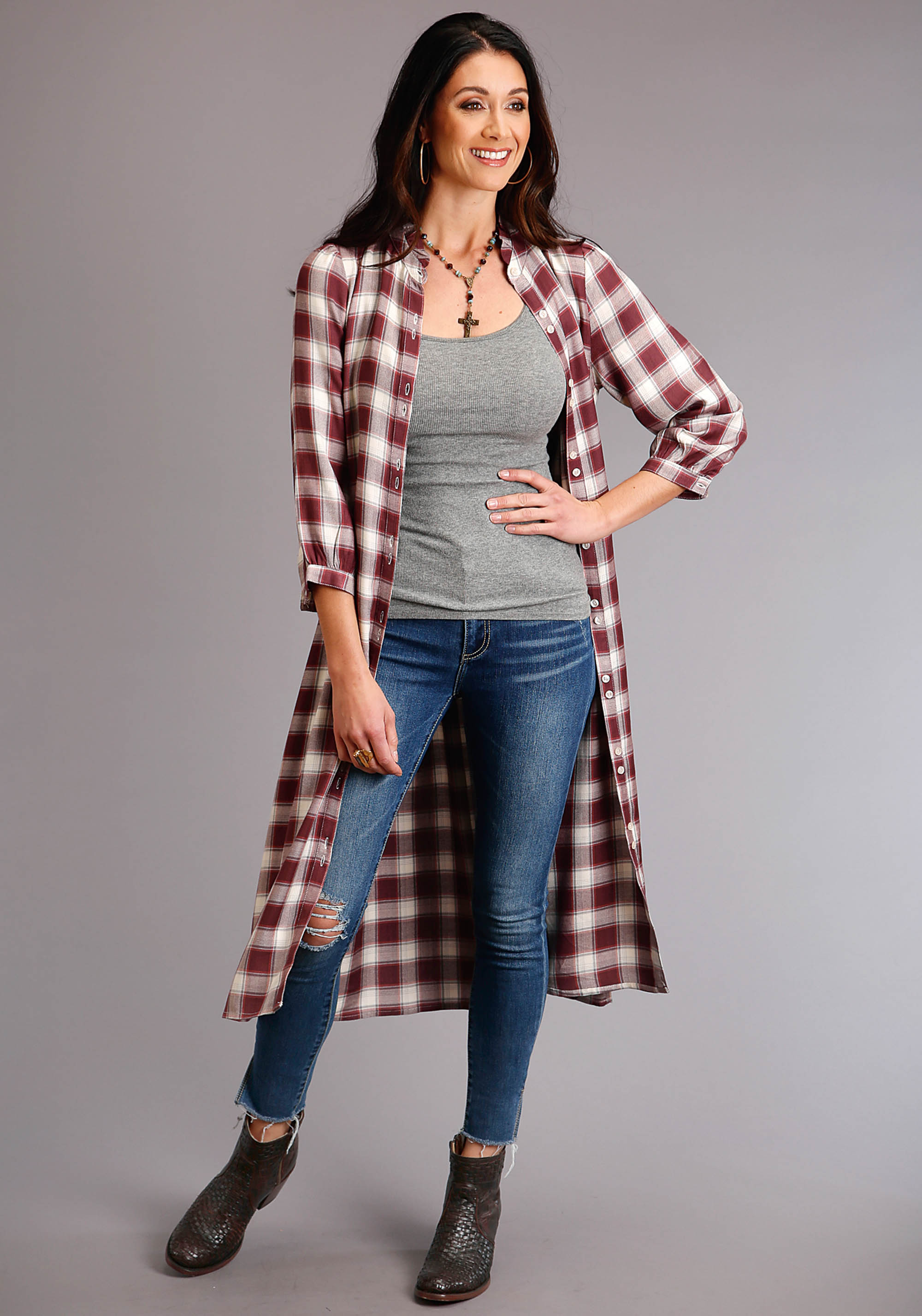 11-057-0597-6025-wi Womens Wine 1270 Gauch Plaid Ls Shirt Dress