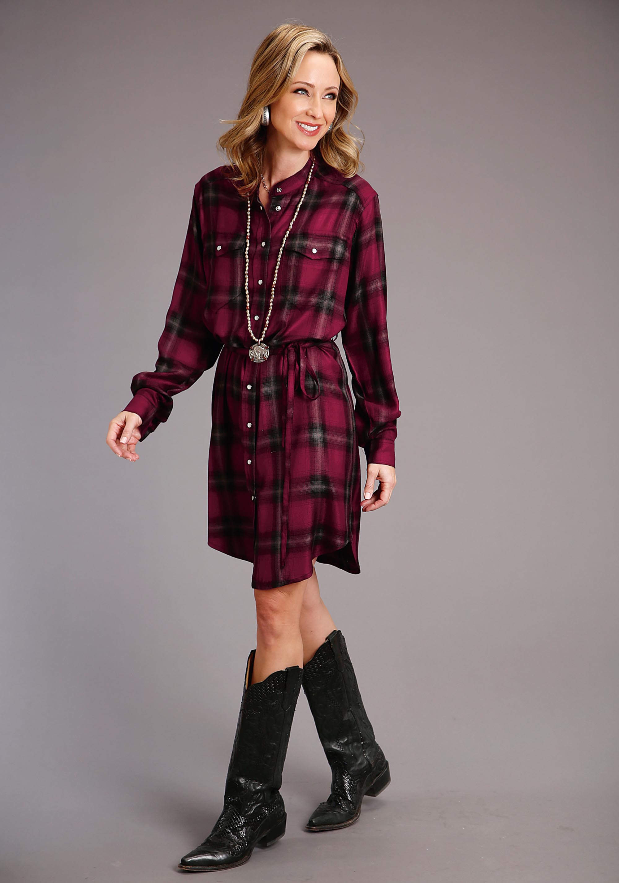 Harvest Plaid Tie Dress Womens 00927 Rayon Twill Wine Ombre Plaid