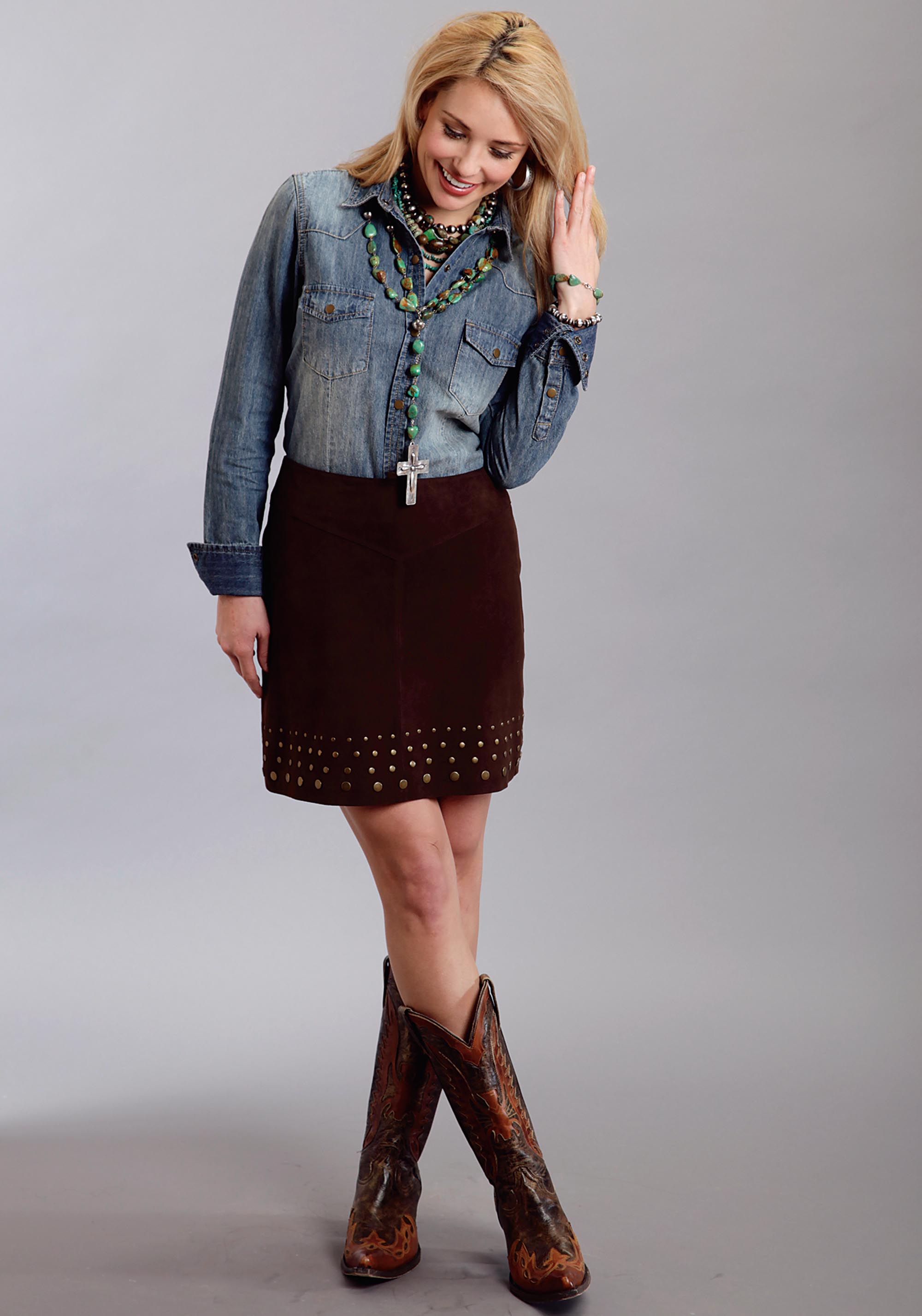 Lamb Suede Skirt With Nailheads Womens Brown Suede Lamb Skirt W/nailheads