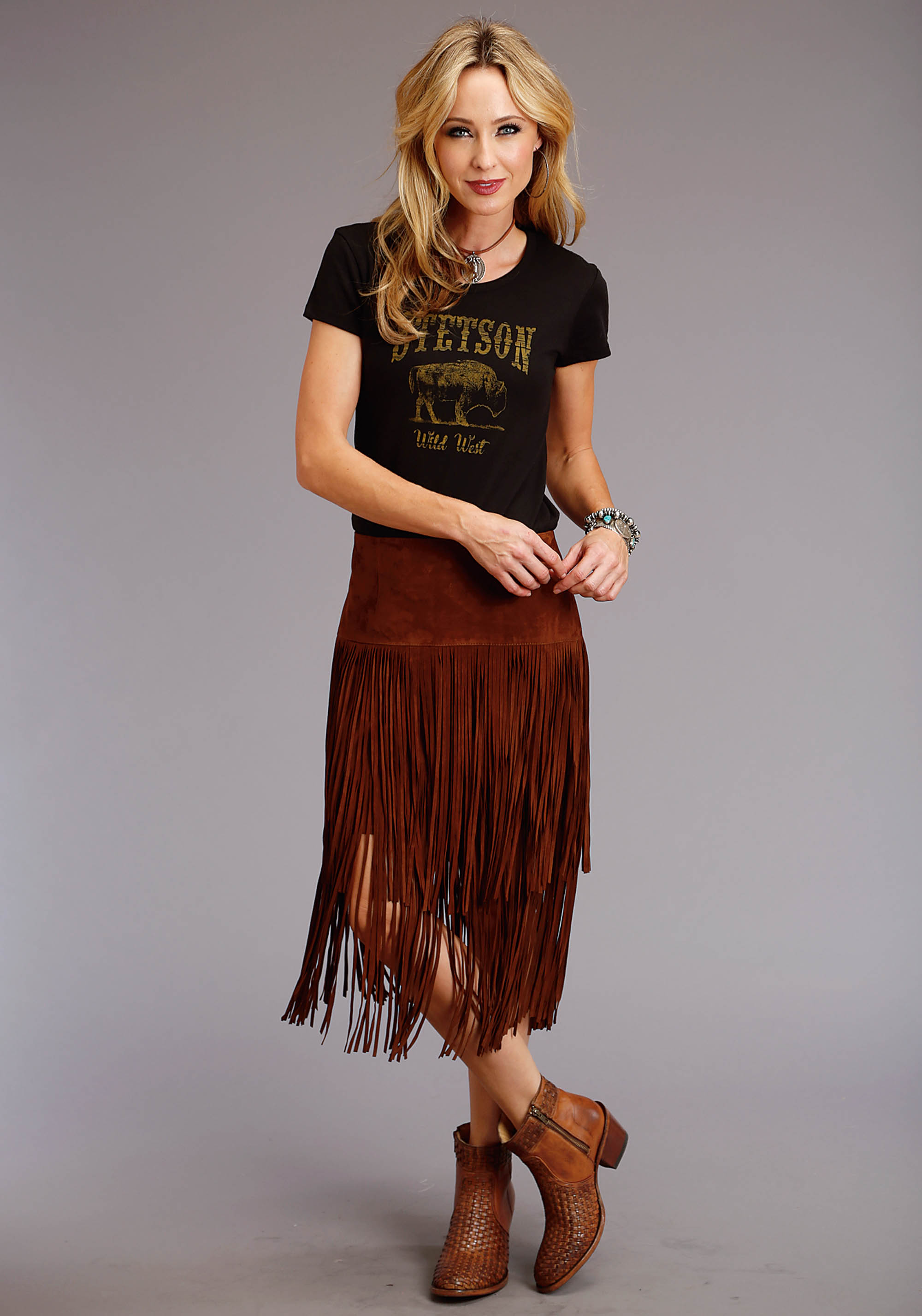 Suede Fringed Skirt Womens Brown Lamb Suede Fringed Long Skirt