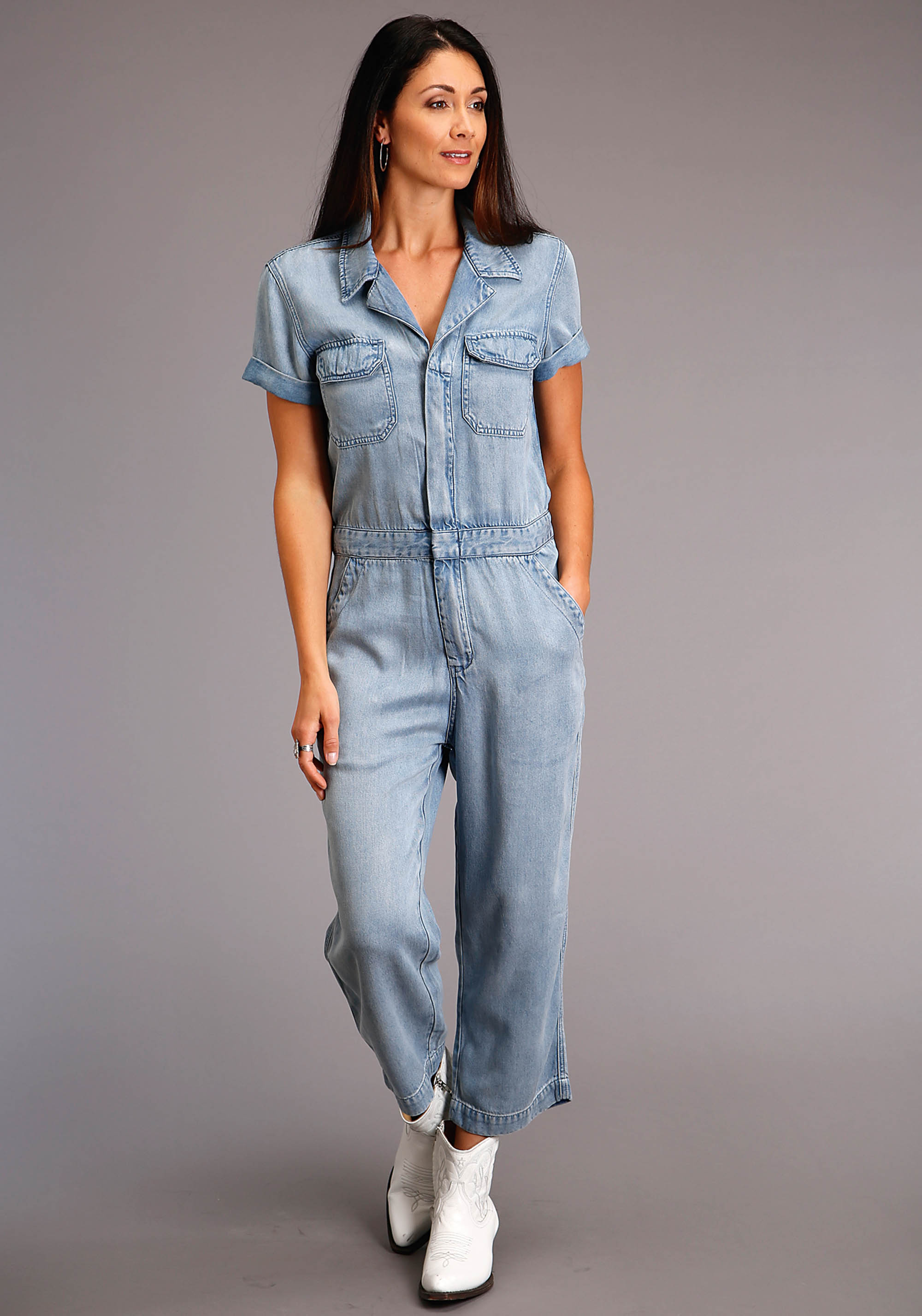 Notch Collar Jumpsuit Womens Blue Tencel Jumpsuit W/notch Collar Short S