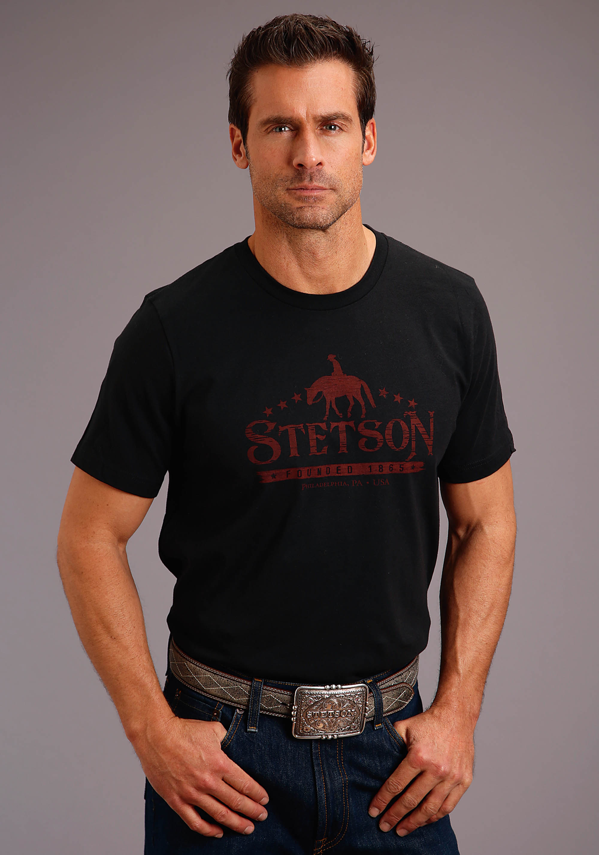 Stetson Men’s Collection- T-shirts Unisex Black Stetson Man On Horse Screen Print