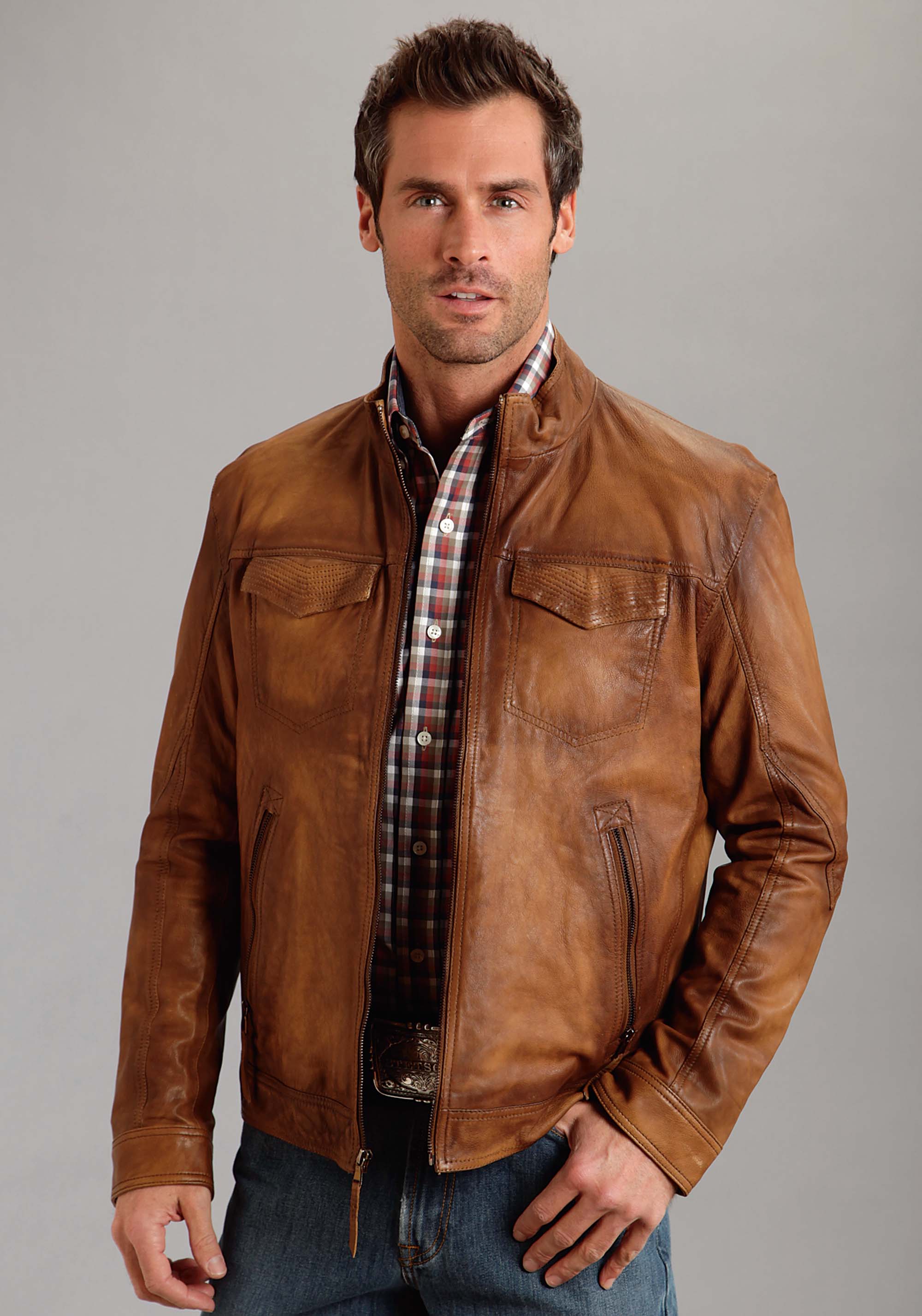 Butter Soft Distressed Leather Jacket Mens Brown Burnish Leather Jacket With Inset Pkts