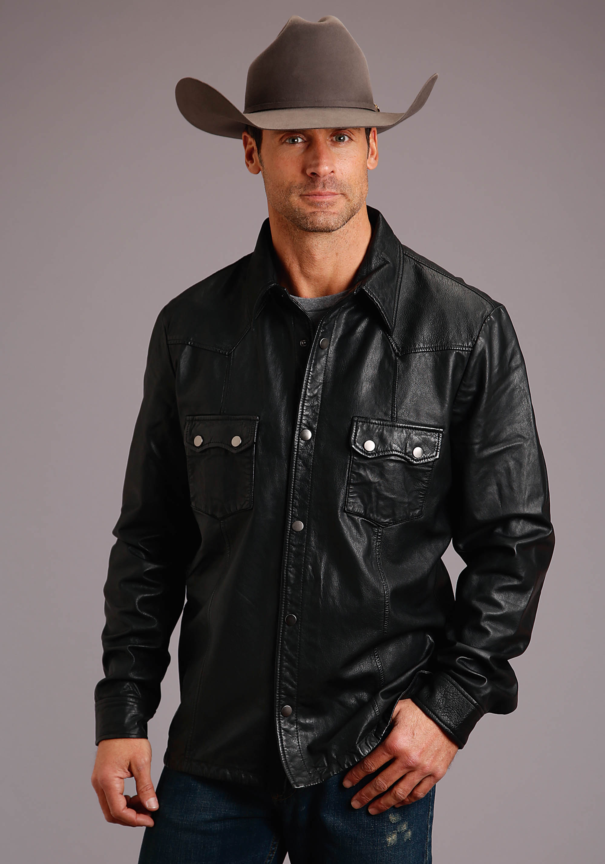 Leather Western Shirt Jacket Mens Black Smooth Leather Western Shirt Jacket