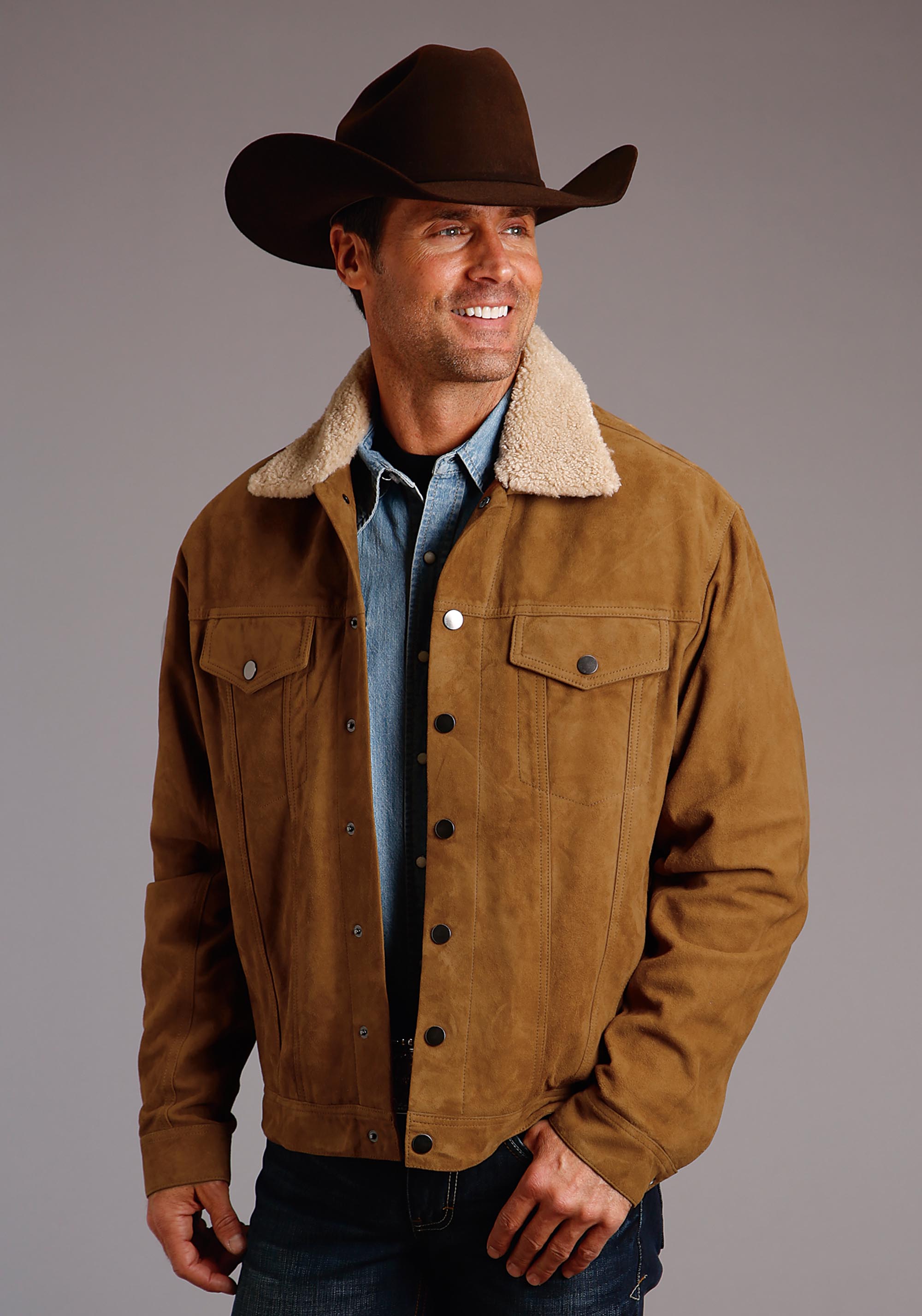 Classic Suede Jacket Mens Vintage Tan Suede W/shearling Collar